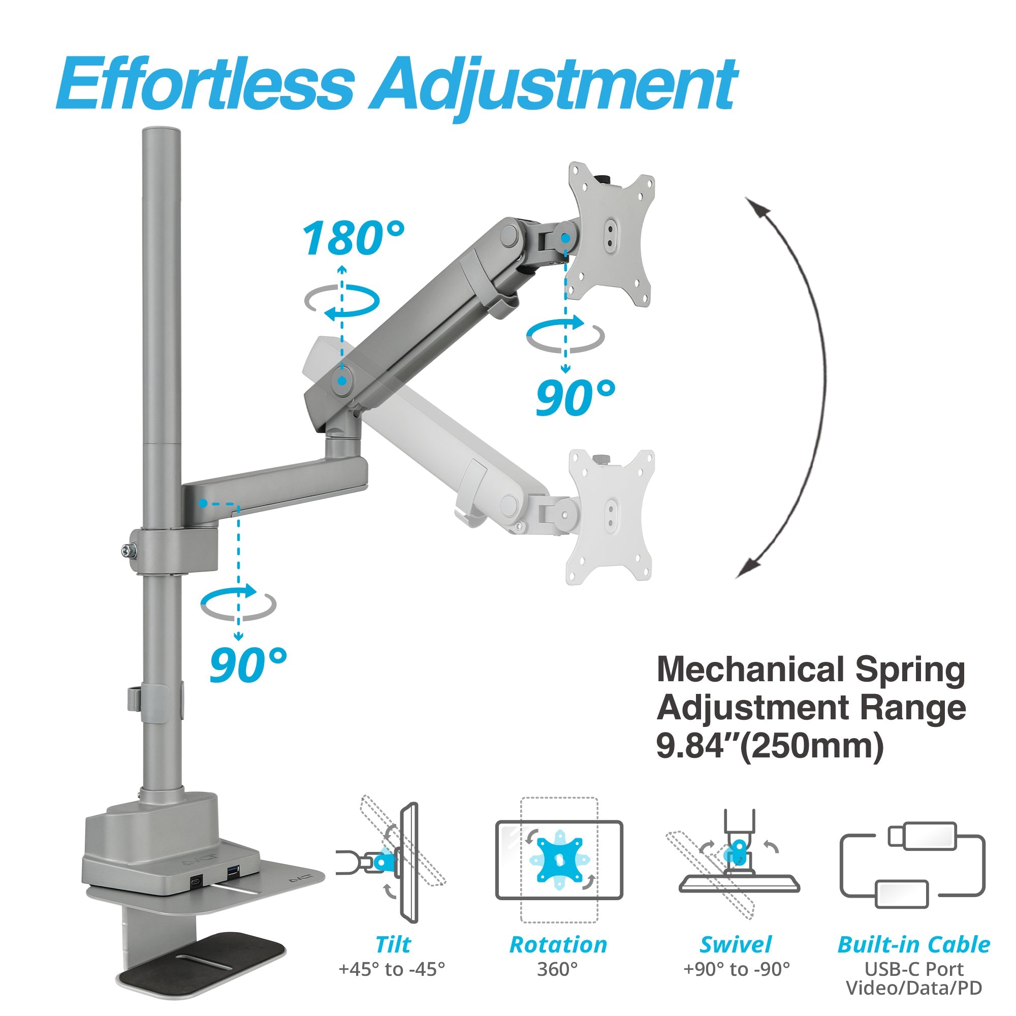 AVLT Single 40 Inch Monitor Arm Pole Top Mount With USB-C USB-A Ports - Gray