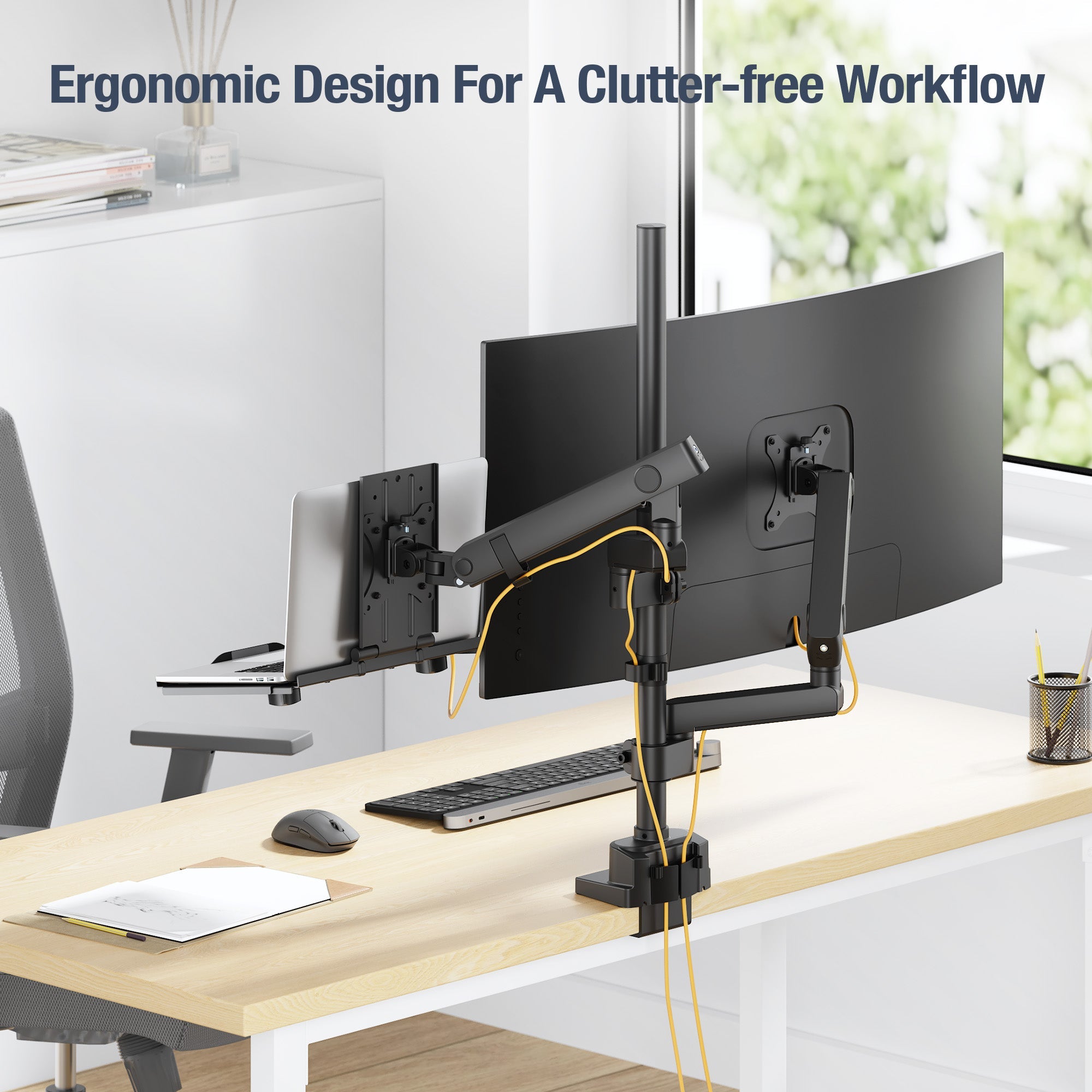 AVLT Laptop & 40 Inch Monitor Arm Pole Top Mount With USB-C USB-A Ports - Black