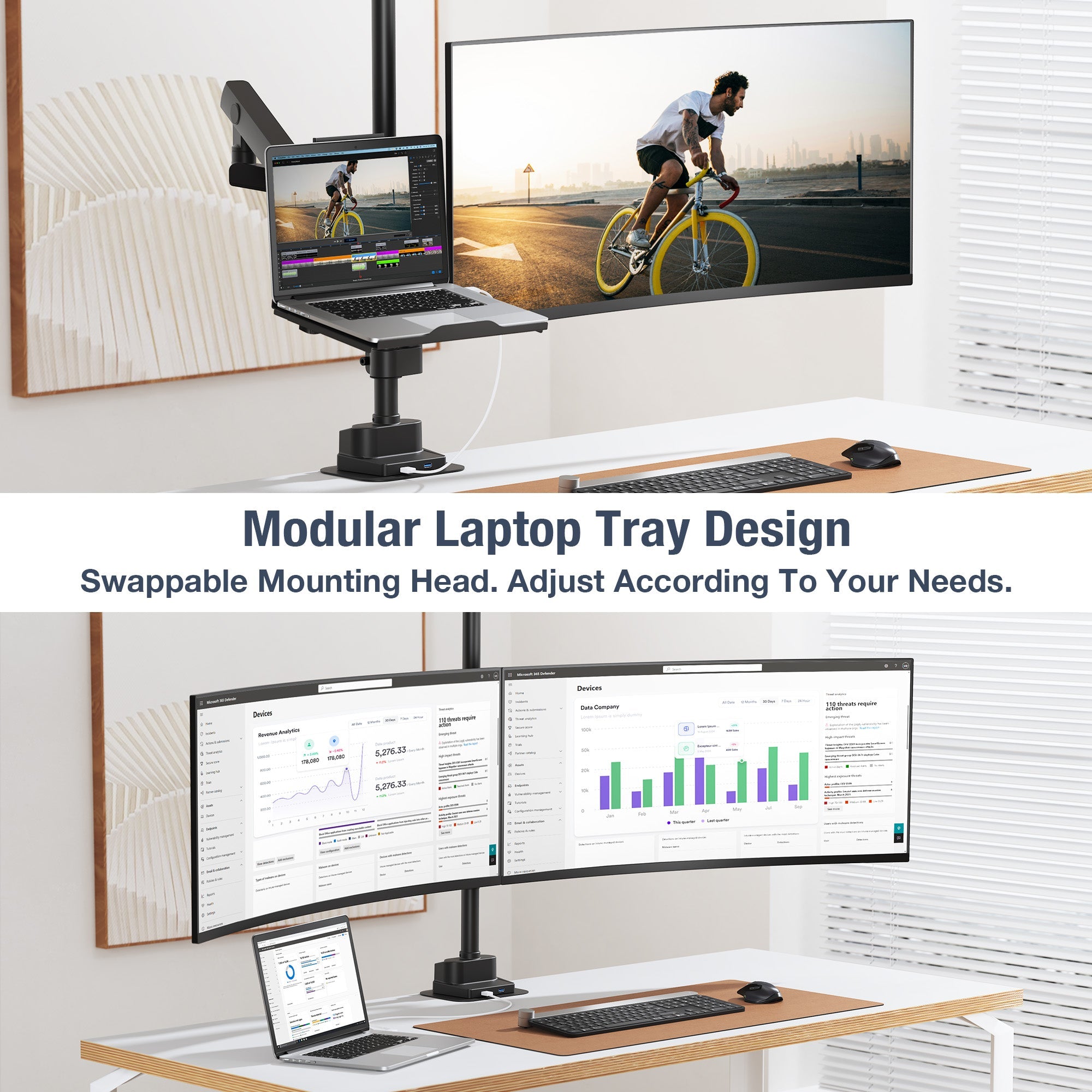 AVLT Laptop & 40 Inch Monitor Arm Pole Top Mount With USB-C USB-A Ports - Black