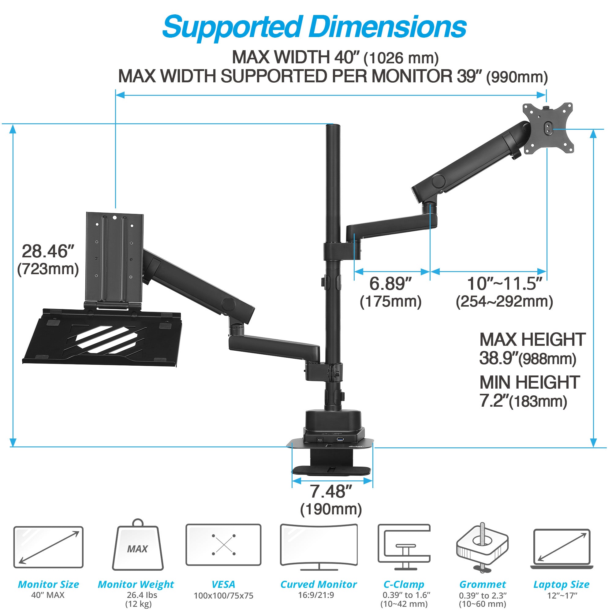 AVLT Laptop & 40 Inch Monitor Arm Pole Top Mount With USB-C USB-A Ports - Black
