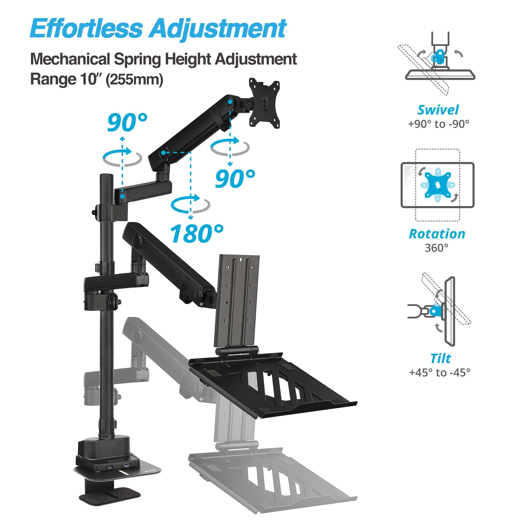 AVLT Laptop & 40 Inch Monitor Arm Pole Top Mount With USB-C USB-A Ports - Black