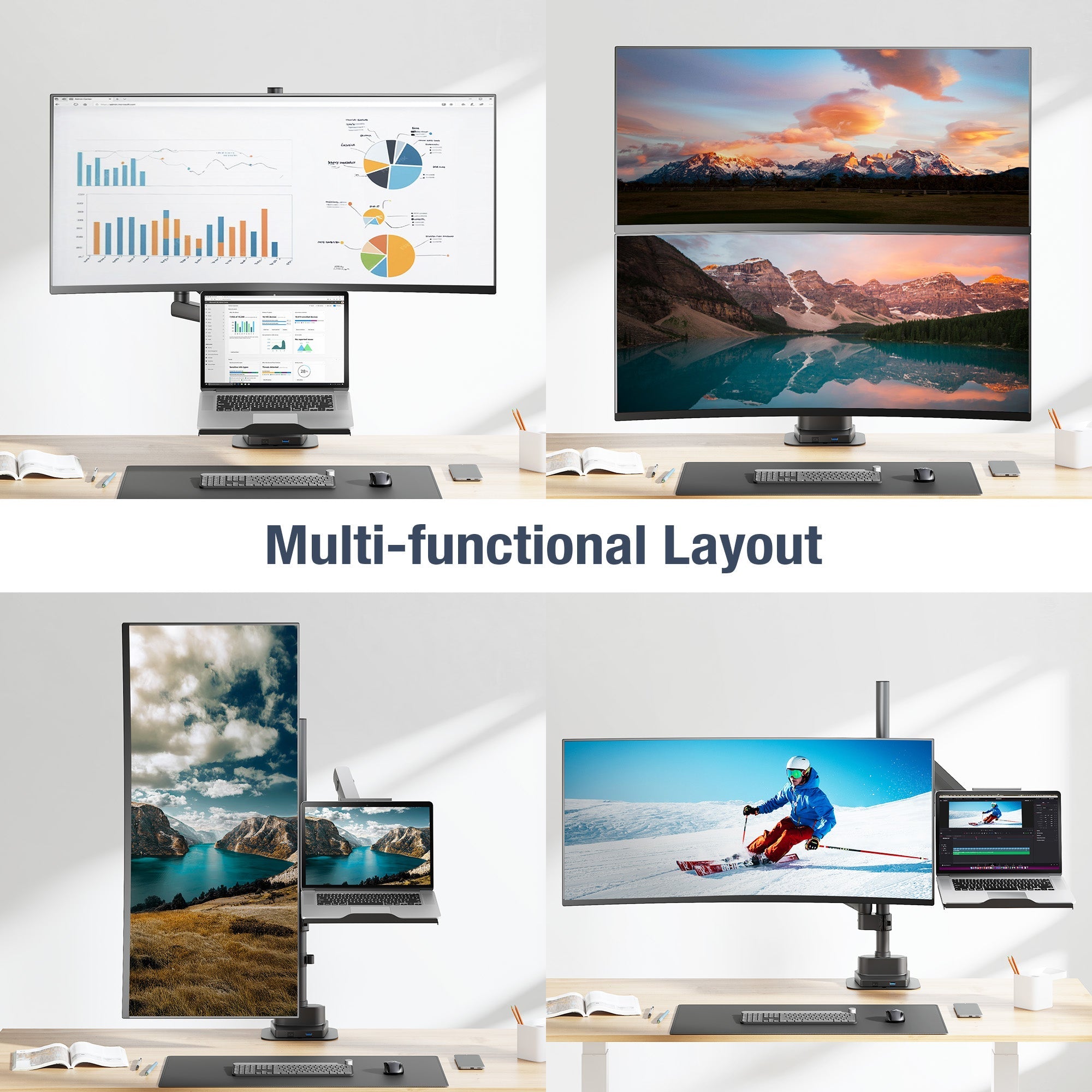 AVLT Laptop & 40 Inch Monitor Arm Pole Top Mount With USB-C USB-A Ports - Black