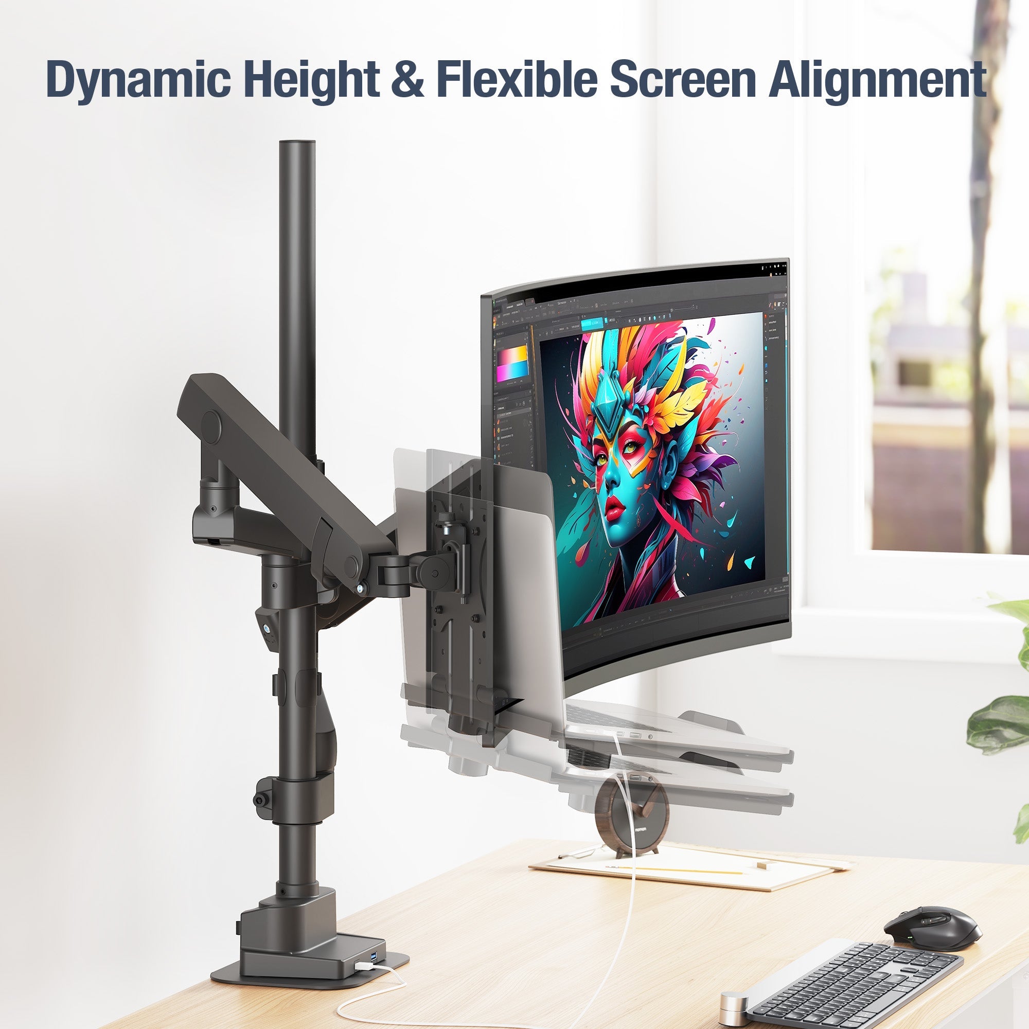 AVLT Laptop & 40 Inch Monitor Arm Pole Top Mount With USB-C USB-A Ports - Black