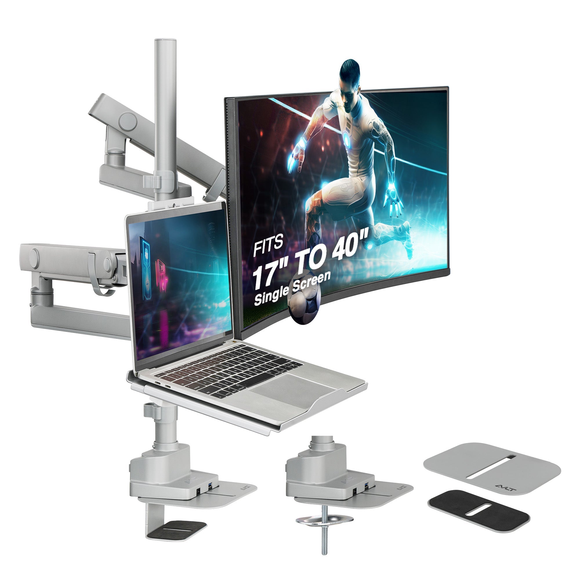 AVLT Laptop & 40 Inch Monitor Arm Pole Top Mount With USB-C USB-A Ports - Gray