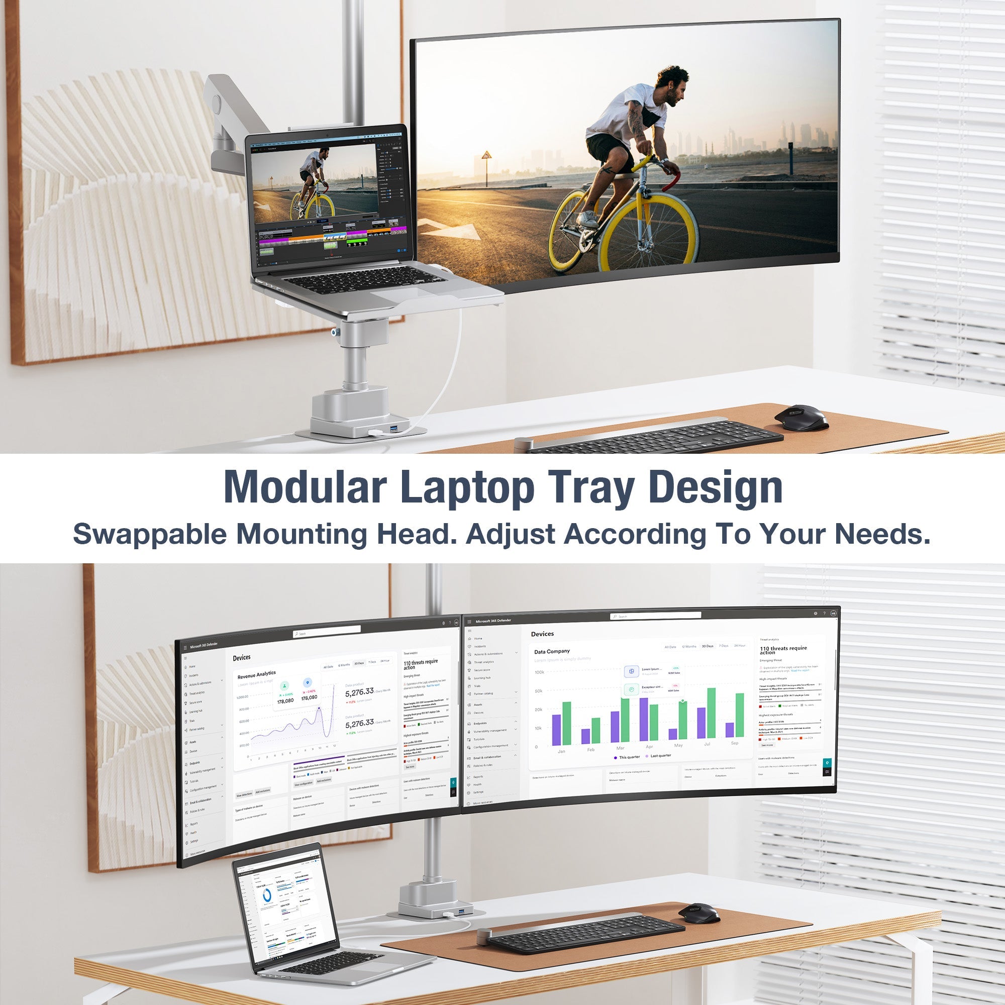 AVLT Laptop & 40 Inch Monitor Arm Pole Top Mount With USB-C USB-A Ports - Gray