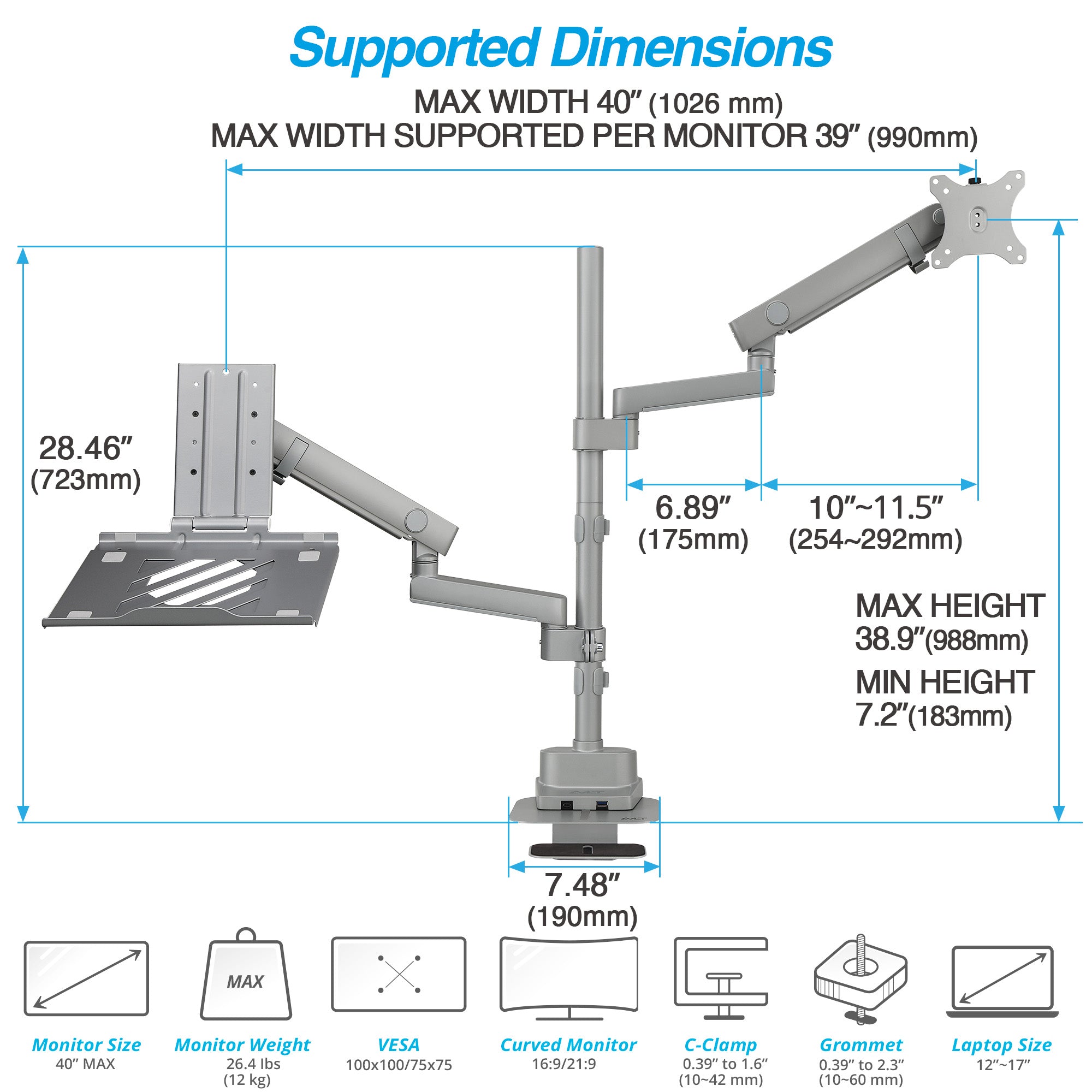 AVLT Laptop & 40 Inch Monitor Arm Pole Top Mount With USB-C USB-A Ports - Gray