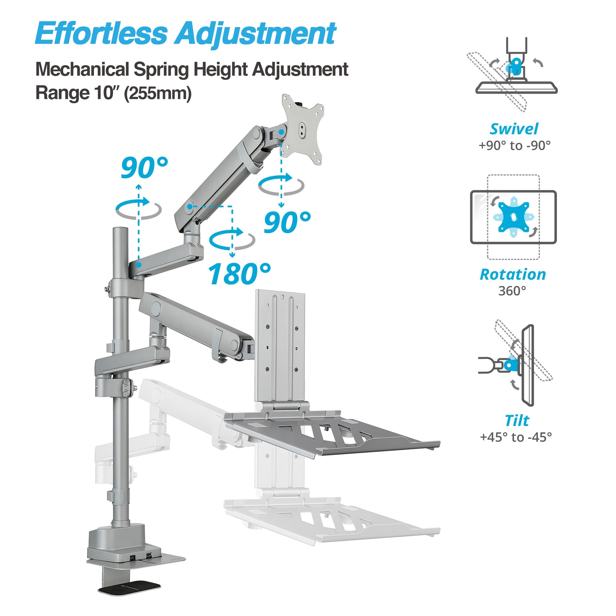AVLT Laptop & 40 Inch Monitor Arm Pole Top Mount With USB-C USB-A Ports - Gray