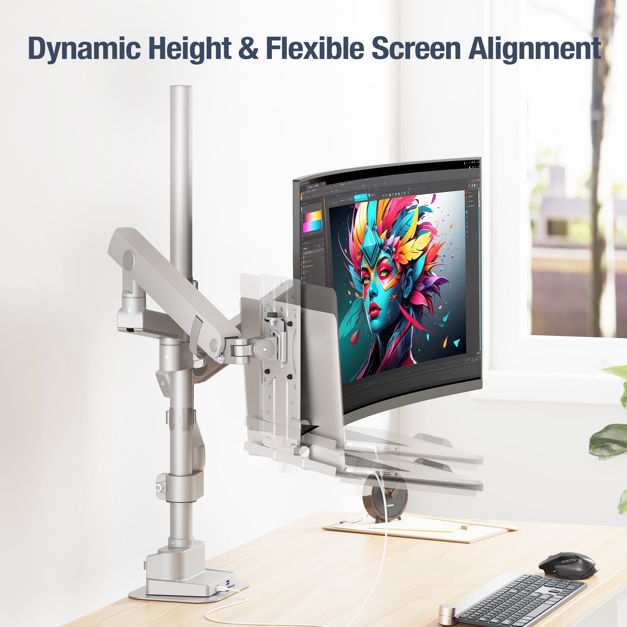 AVLT Laptop & 40 Inch Monitor Arm Pole Top Mount With USB-C USB-A Ports - Gray