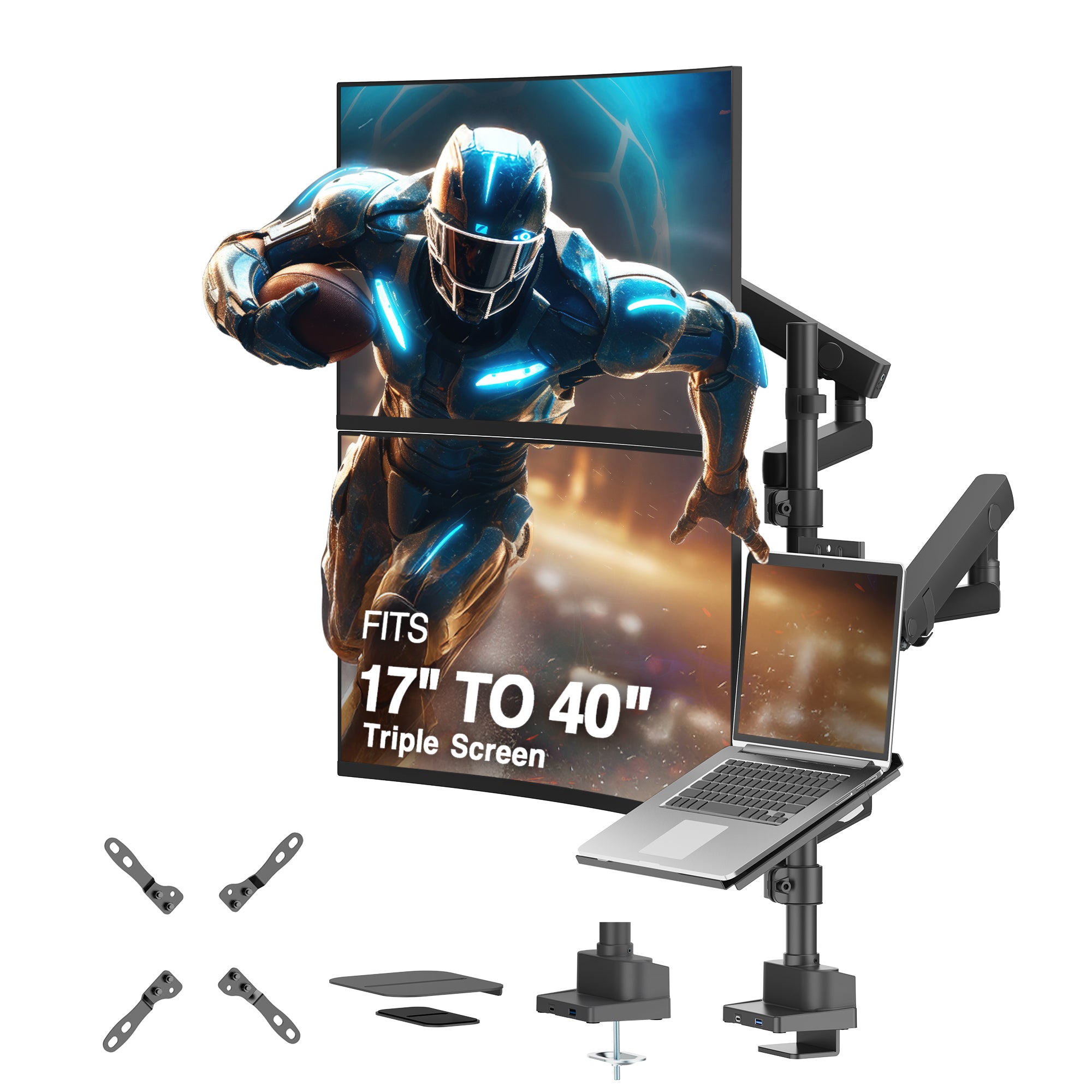 AVLT Laptop & Dual 40 Inch Monitor Arm Pole Top Mount With USB-C USB-A Ports Black