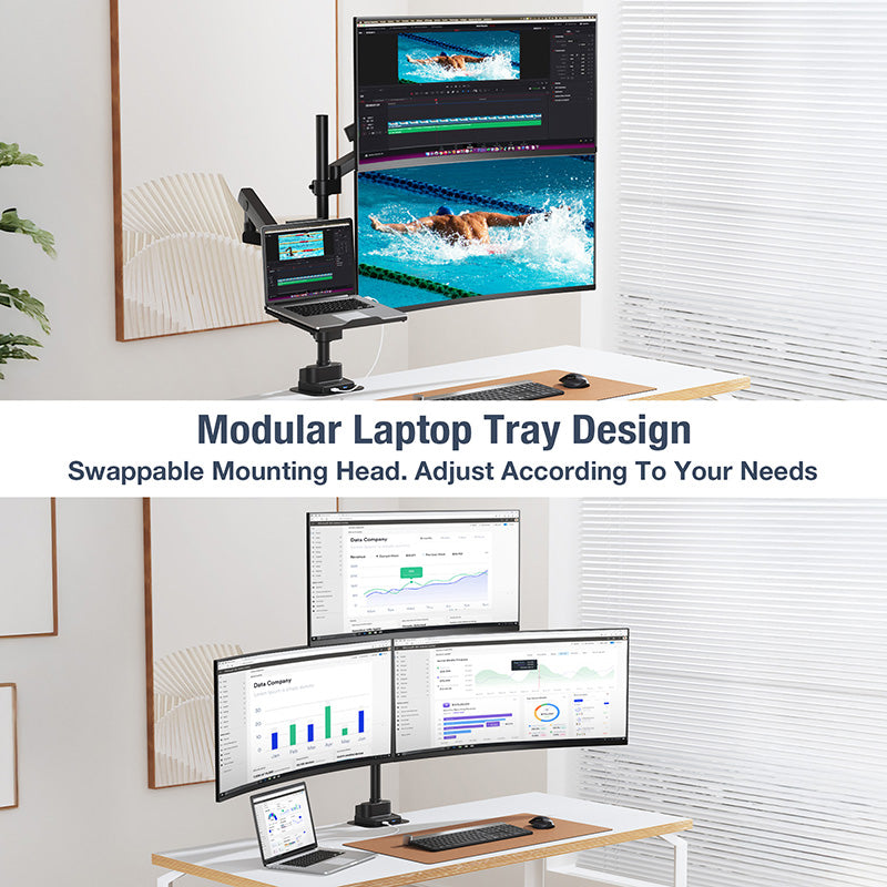 AVLT Laptop & Dual 40 Inch Monitor Arm Pole Top Mount With USB-C USB-A Ports Black