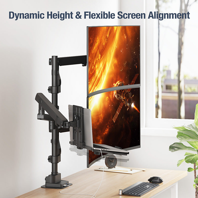 AVLT Laptop & Dual 40 Inch Monitor Arm Pole Top Mount With USB-C USB-A Ports Black