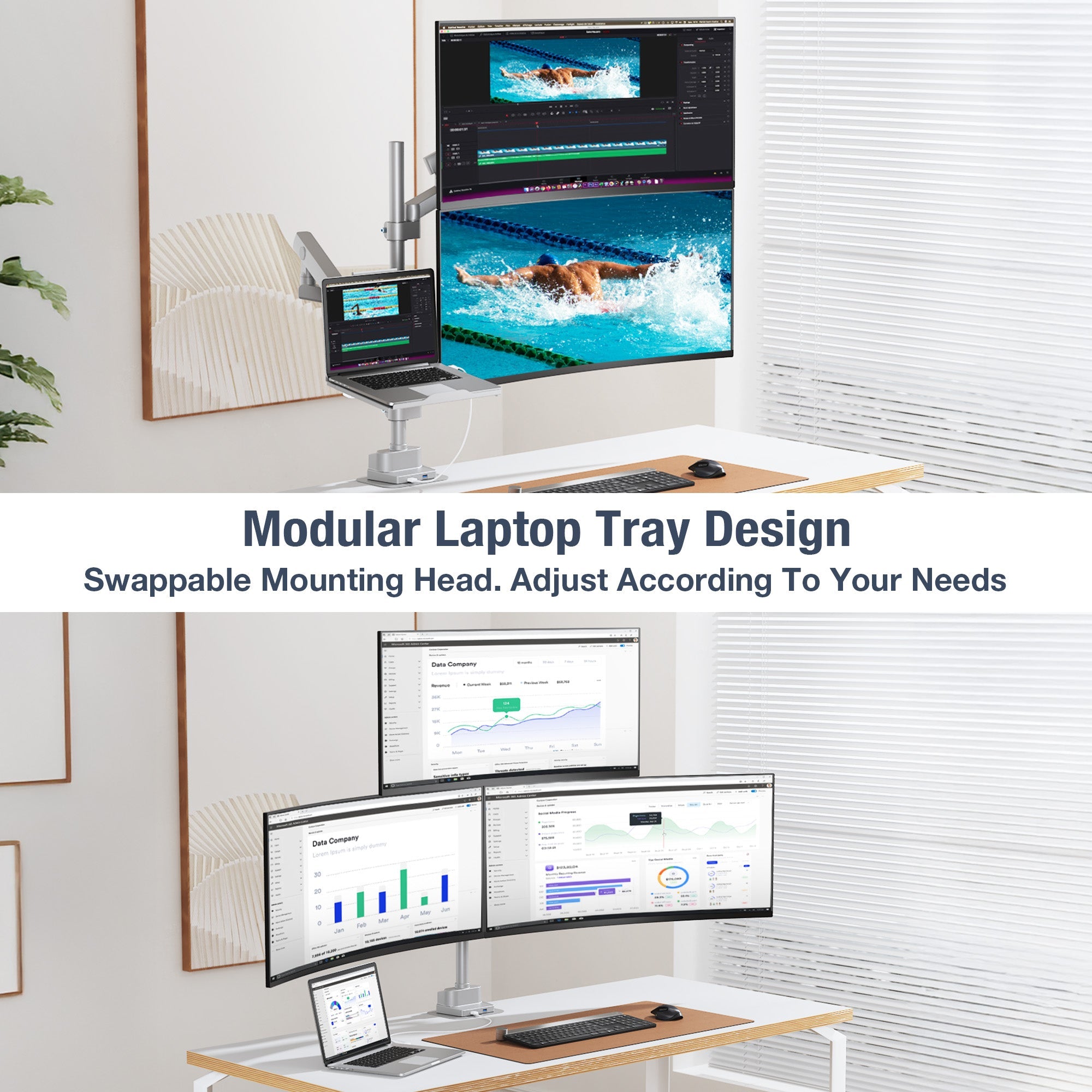 AVLT Laptop & Dual 40 Inch Monitor Arm Pole Top Mount With USB-C USB-A Ports Gray