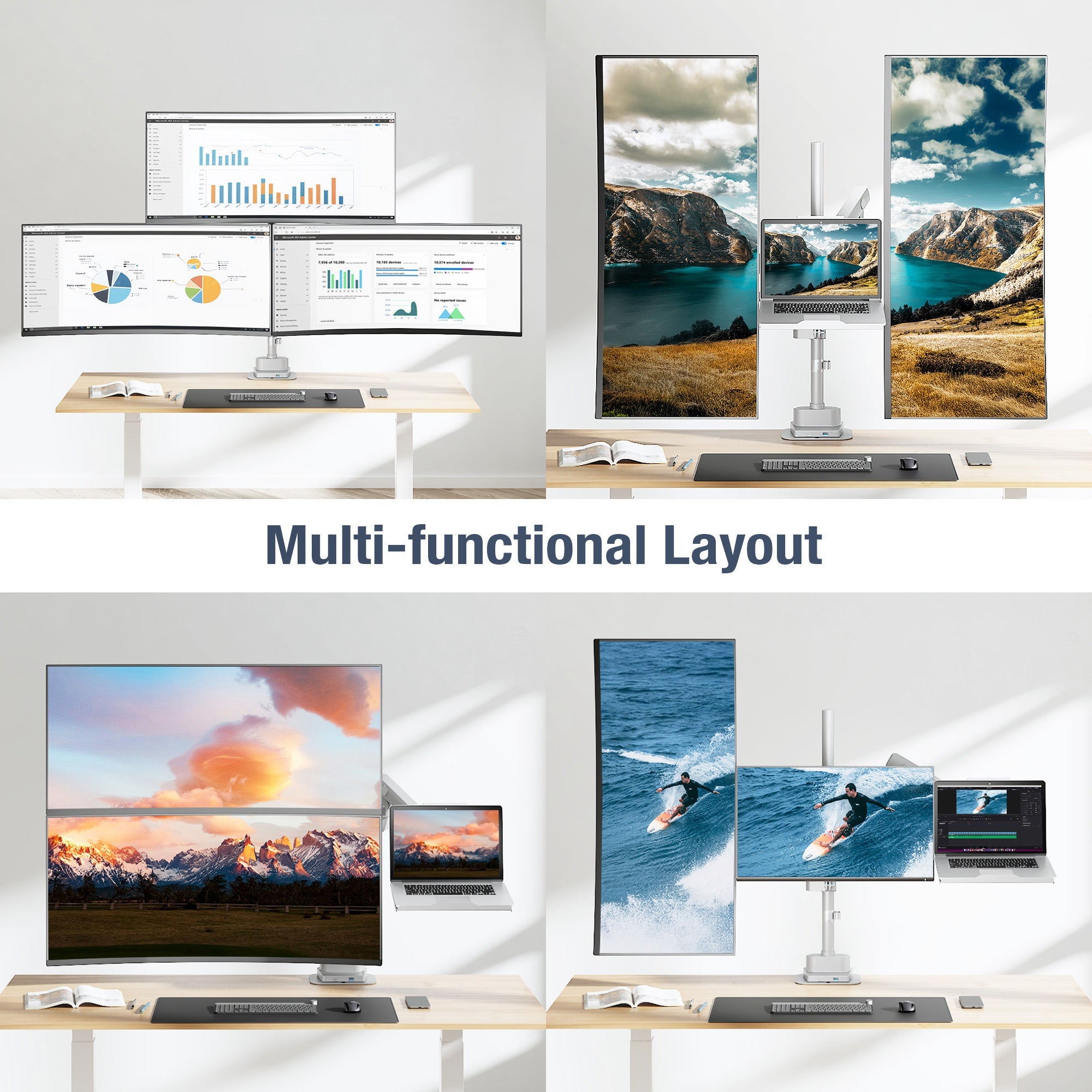 AVLT Laptop & Dual 40 Inch Monitor Arm Pole Top Mount With USB-C USB-A Ports Gray