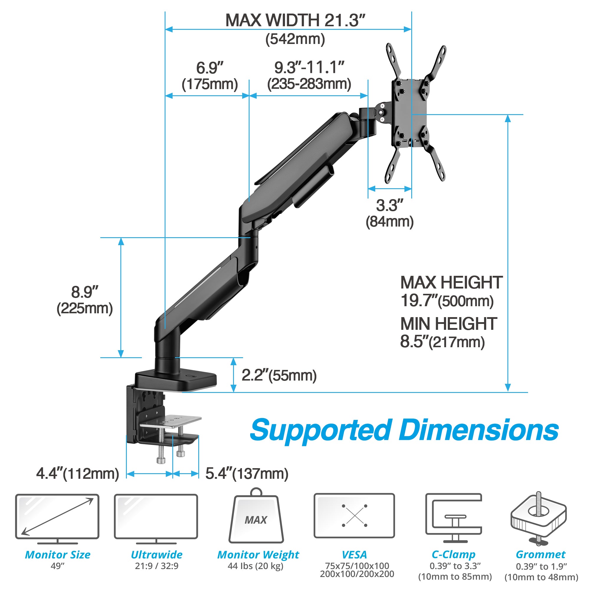 AVLT RGB Button Gaming Single 49-inch Monitor Arm - Black