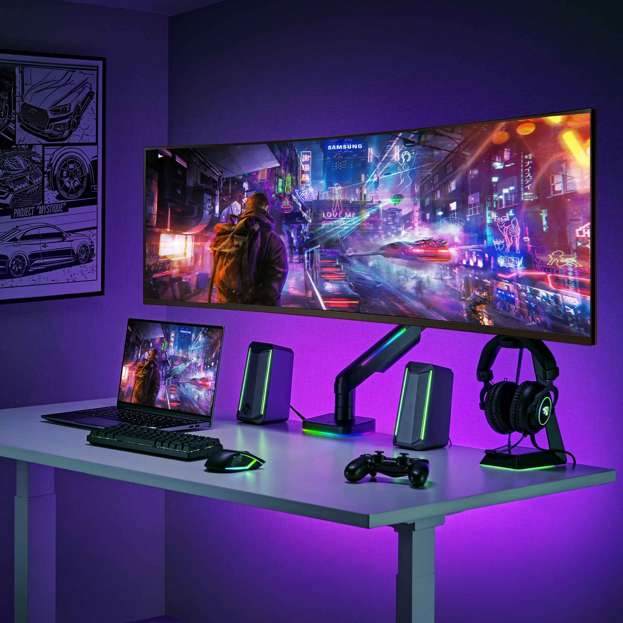 AVLT RGB Button Gaming Single 49-inch Monitor Arm - Black