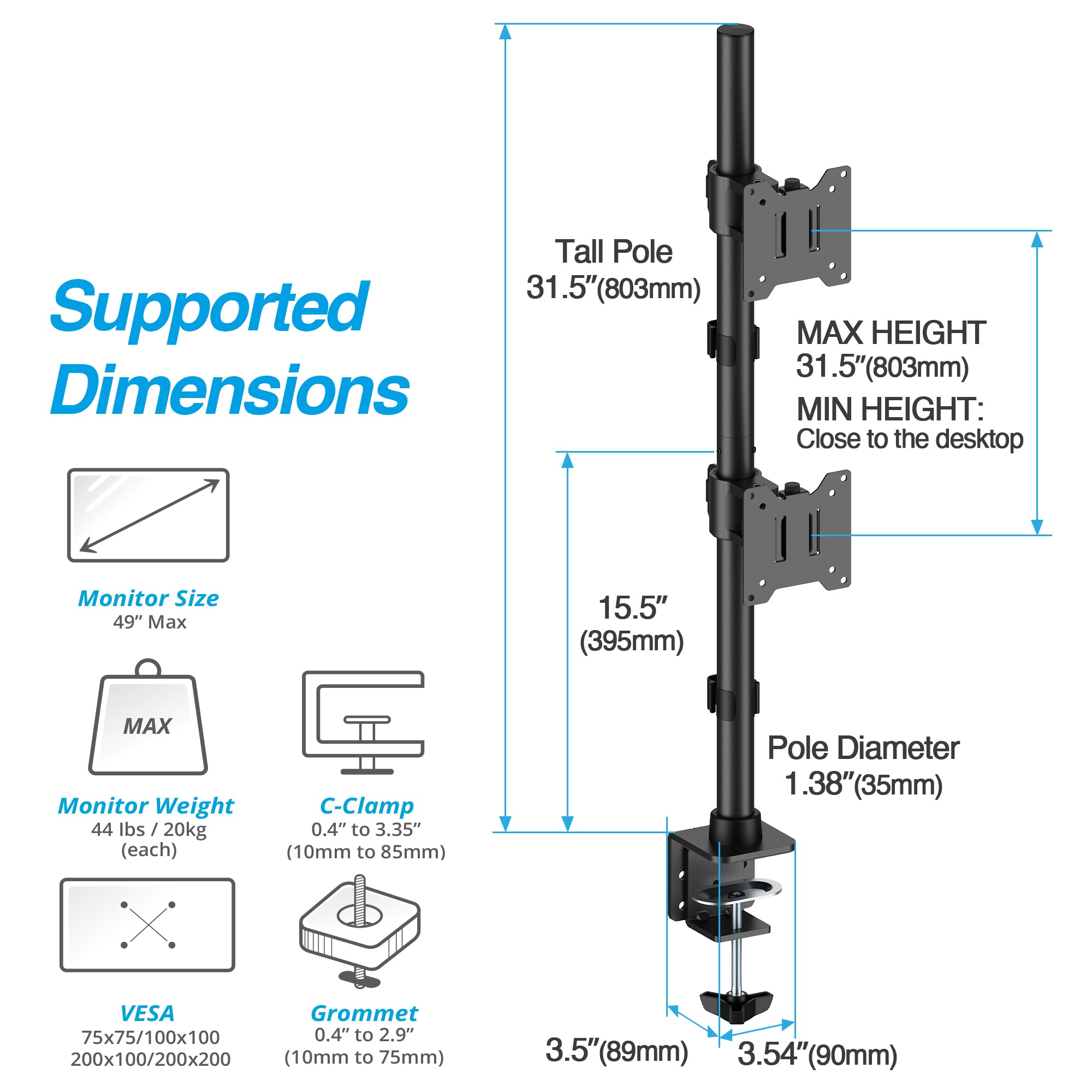 AVLT Dual 49 Inch Stacking Monitor Pole Mount - Black