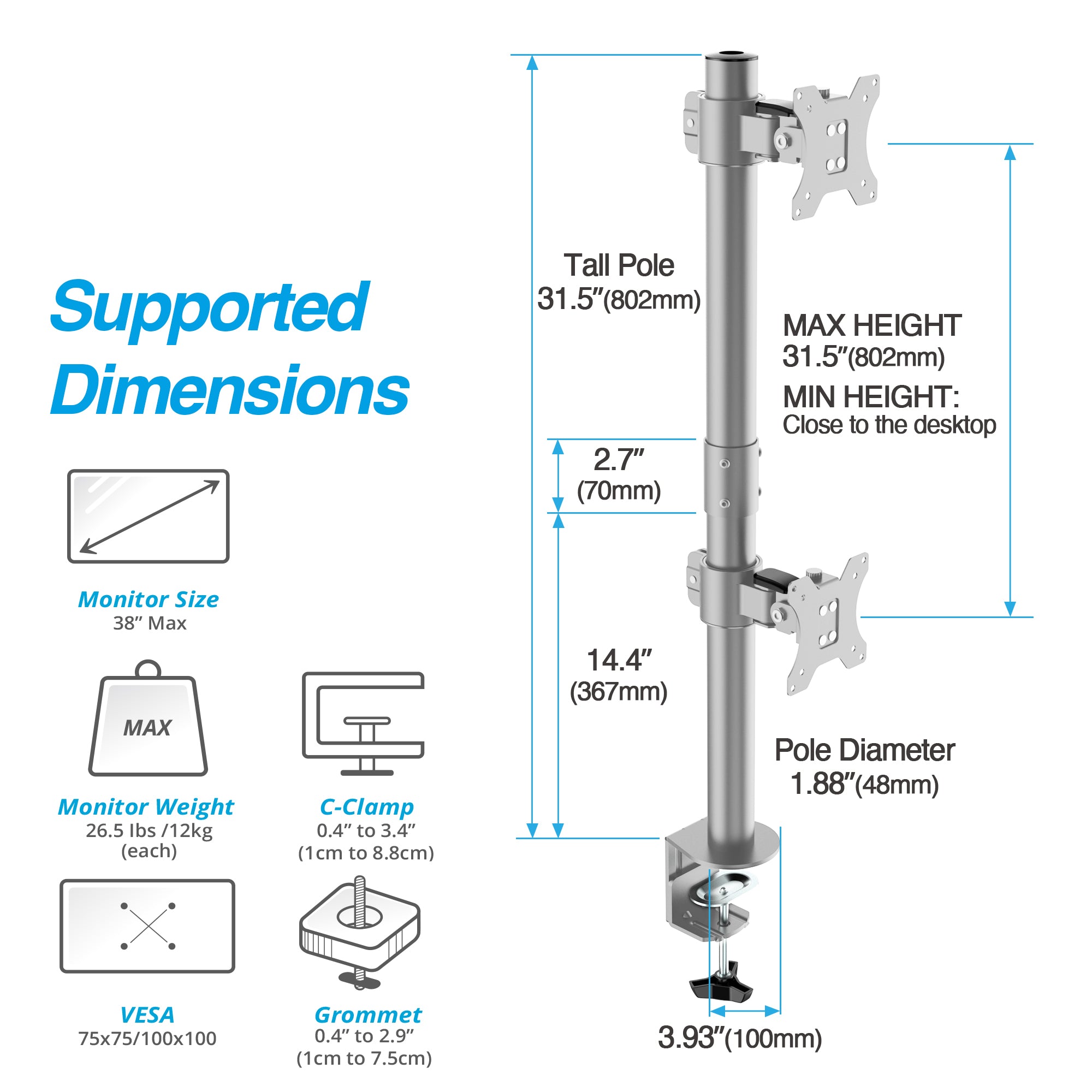 AVLT Dual 38 Inch Stacking Monitor Pole Mount - Gray