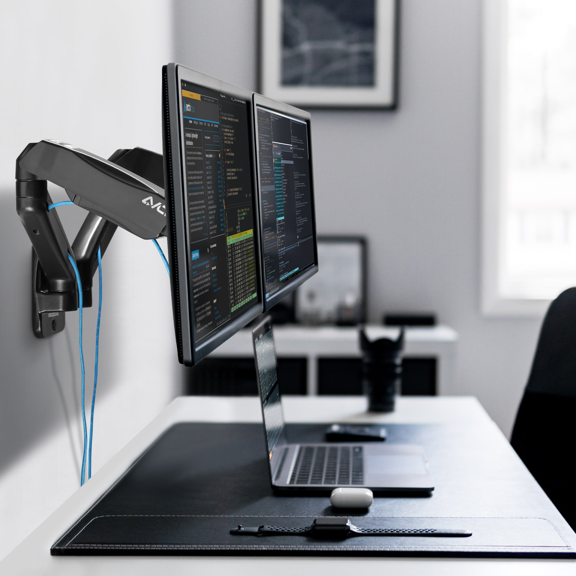 AVLT Aluminum Dual Arm Gas Spring Wall Mount For 32" Monitors - Black