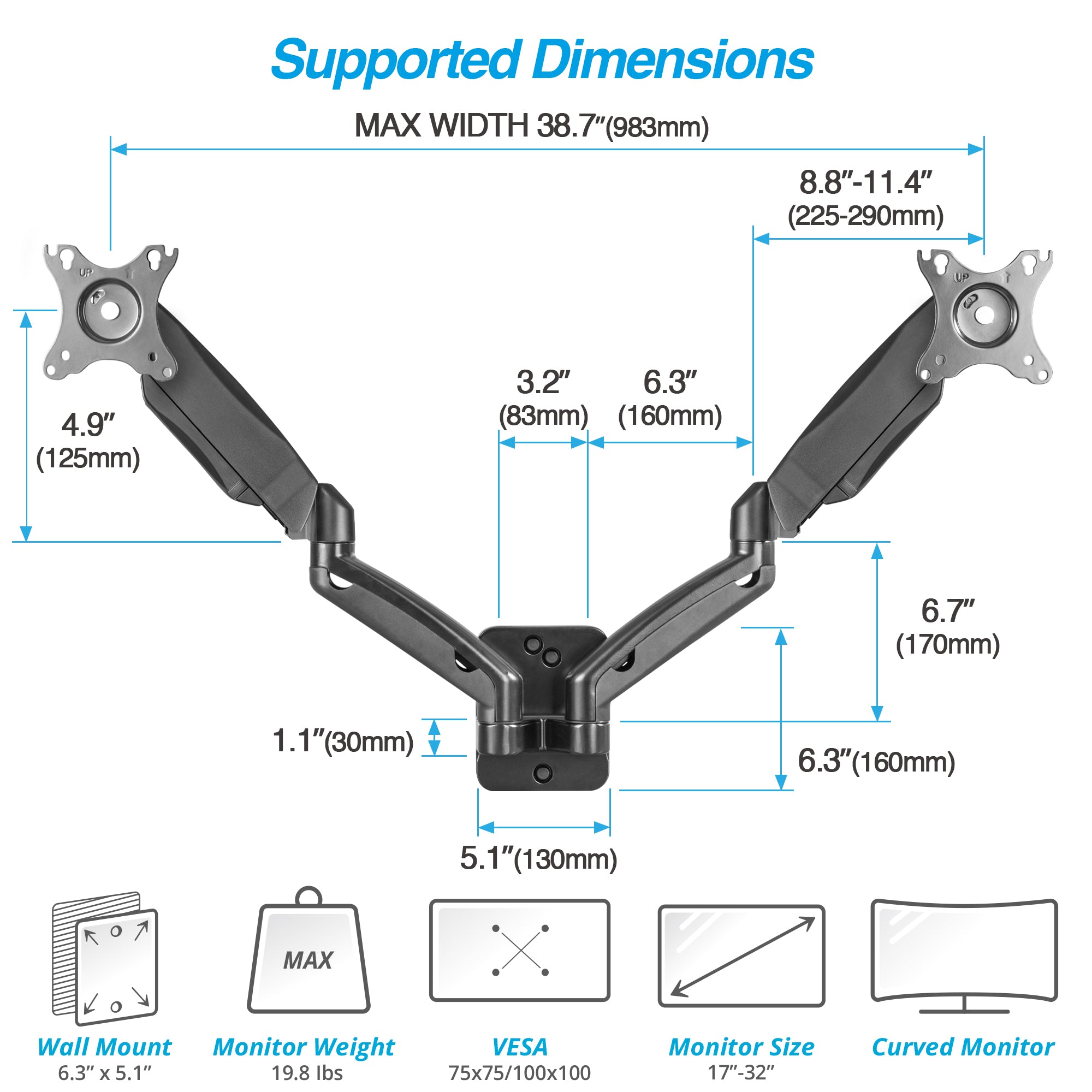 AVLT Aluminum Dual Arm Gas Spring Wall Mount For 32" Monitors - Black