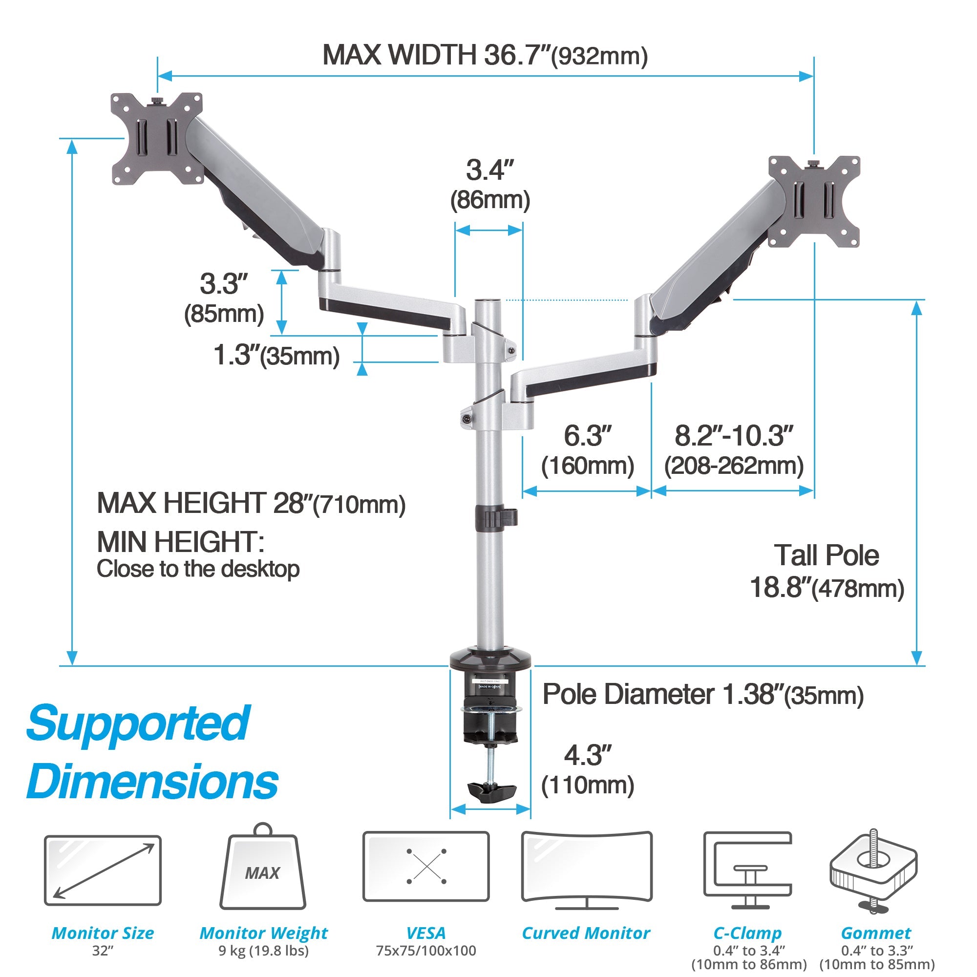 AVLT Dual 32" Monitor Desk Mount Stackable Premium Gas Spring - Gray