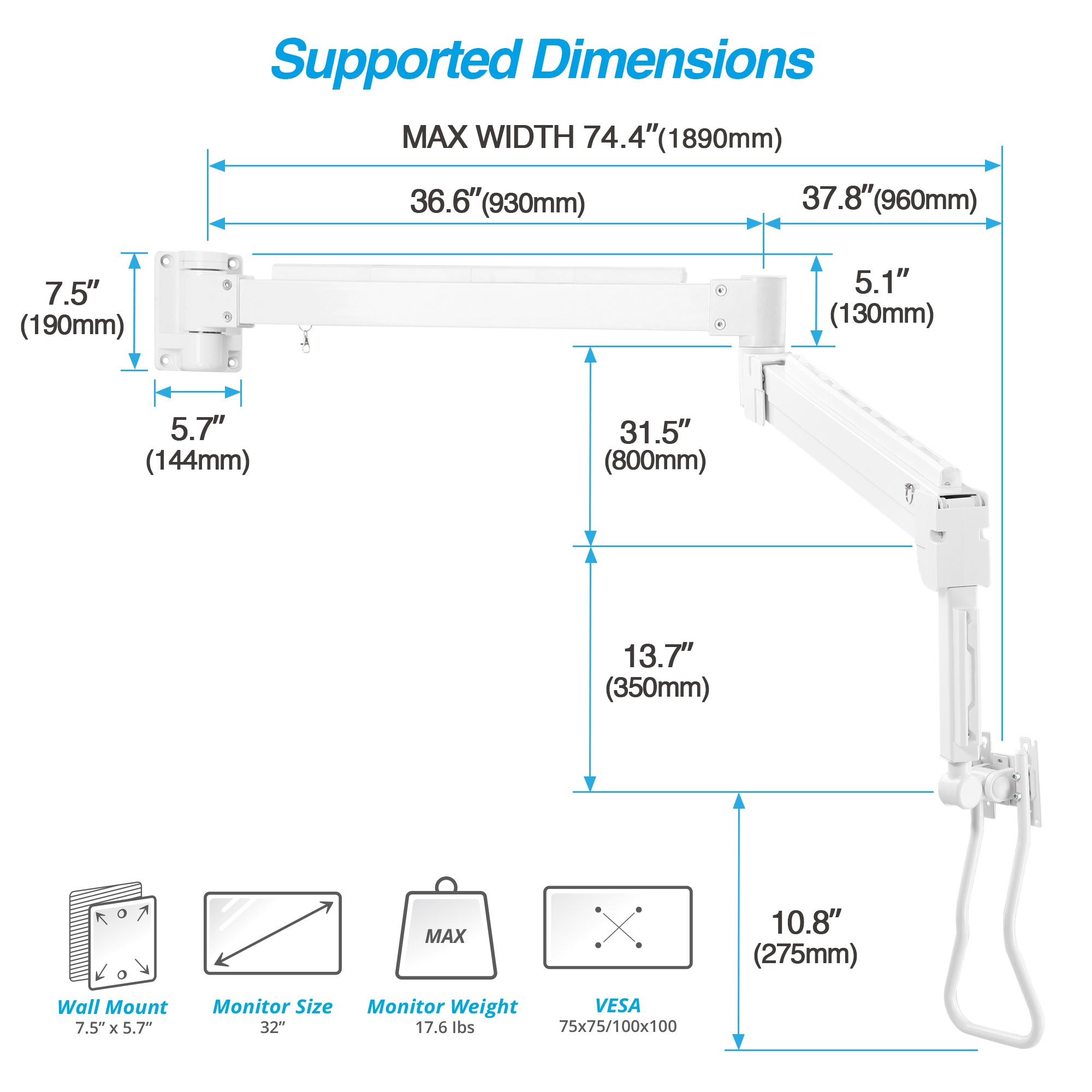 AVLT Medical Grade Monitor Wall Mount - Single - White