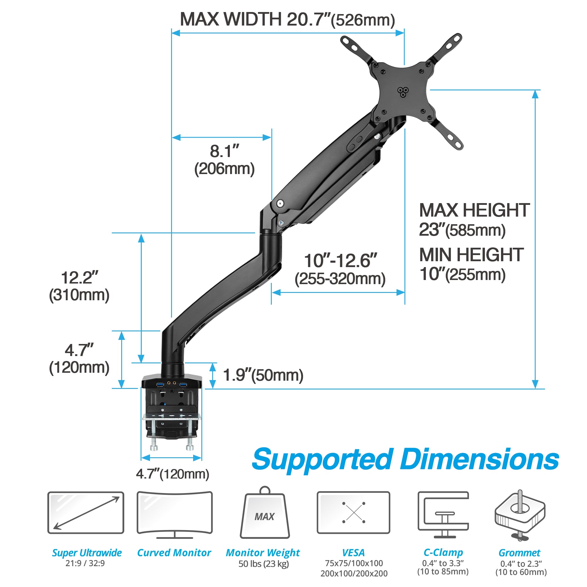 AVLT Single 50 lbs Heavy Duty Monitor Desk Desk Mount With USB 3.0 & AUX Ports - Black
