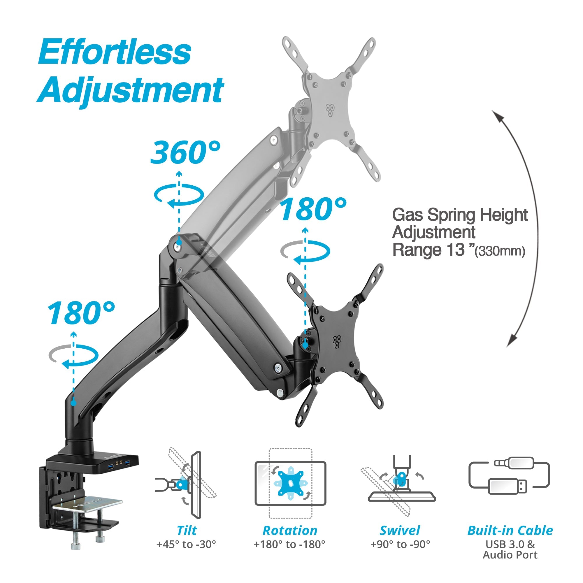 AVLT Single 50 lbs Heavy Duty Monitor Desk Desk Mount With USB 3.0 & AUX Ports - Black
