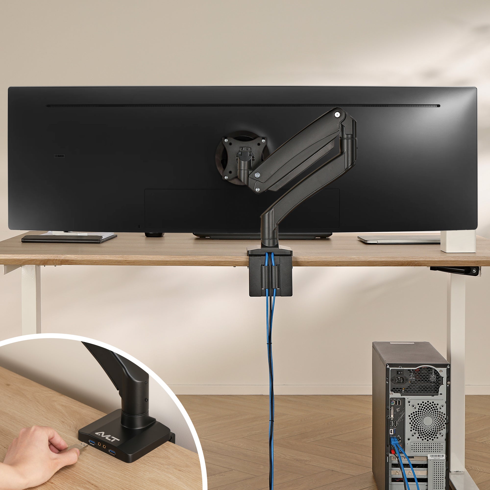 AVLT Single 50 lbs Heavy Duty Monitor Desk Desk Mount With USB 3.0 & AUX Ports - Black