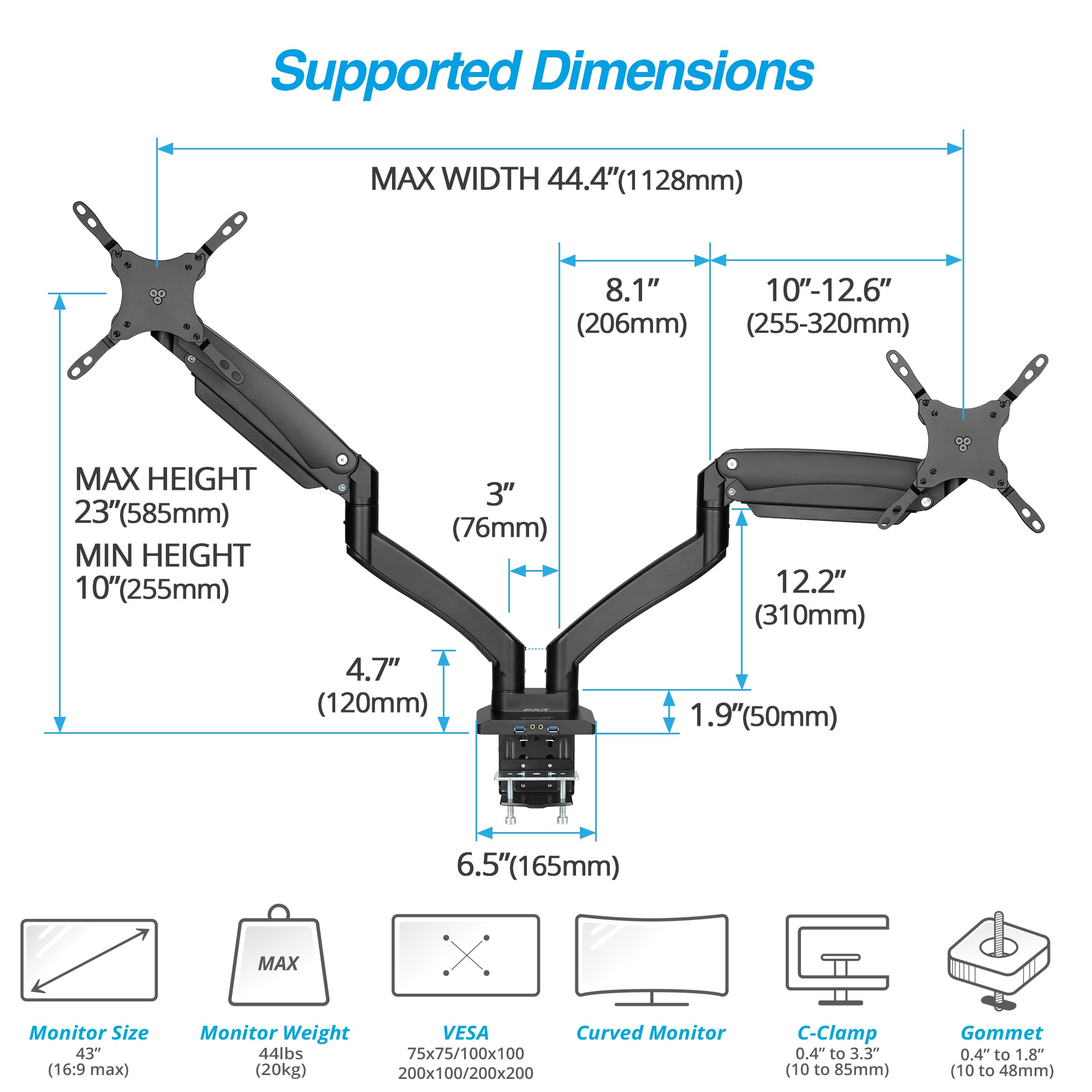 AVLT Dual 43" Heavy Duty Monitor Desk Mount With USB 3.0 & AUX Ports - Black