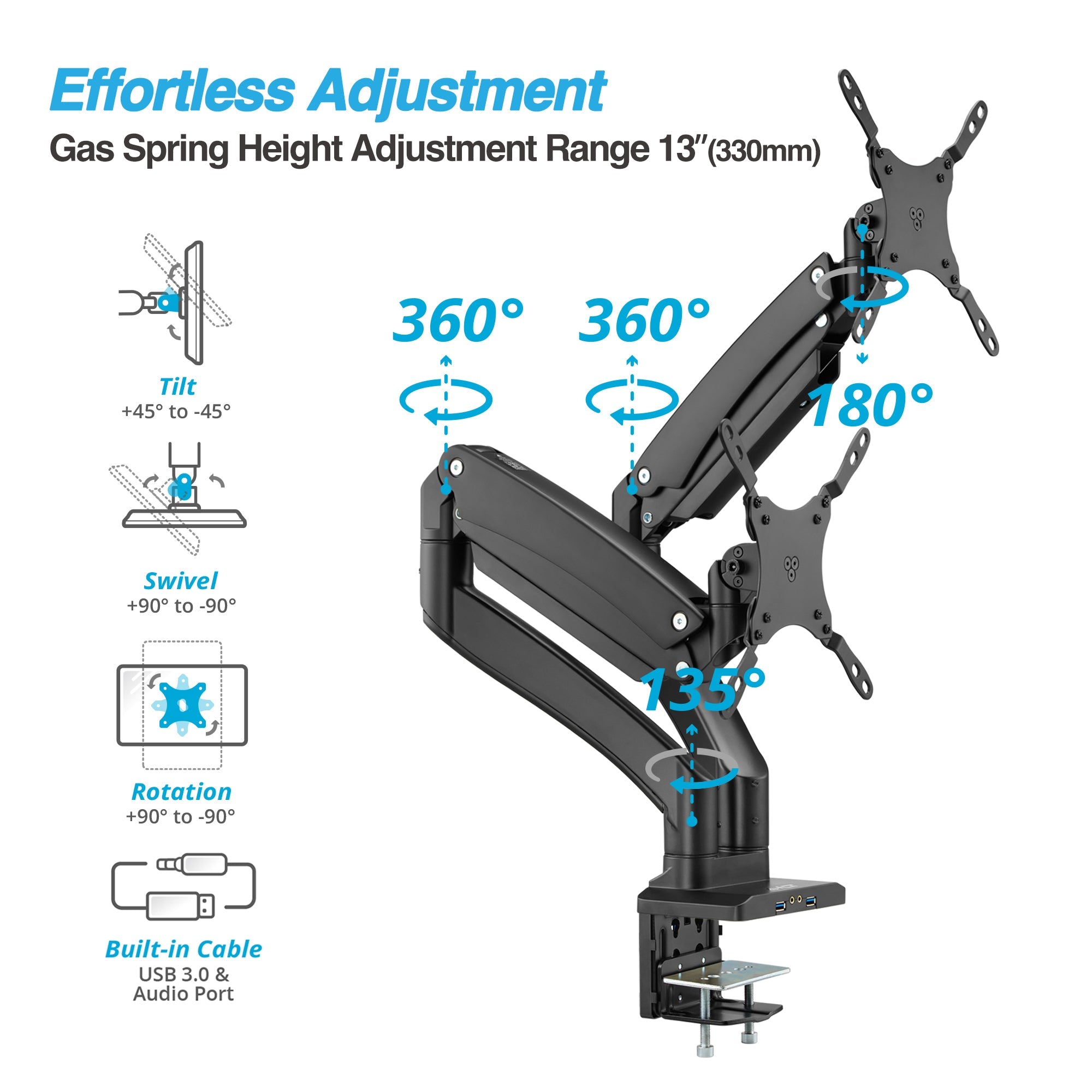 AVLT Dual 43" Heavy Duty Monitor Desk Mount With USB 3.0 & AUX Ports - Black