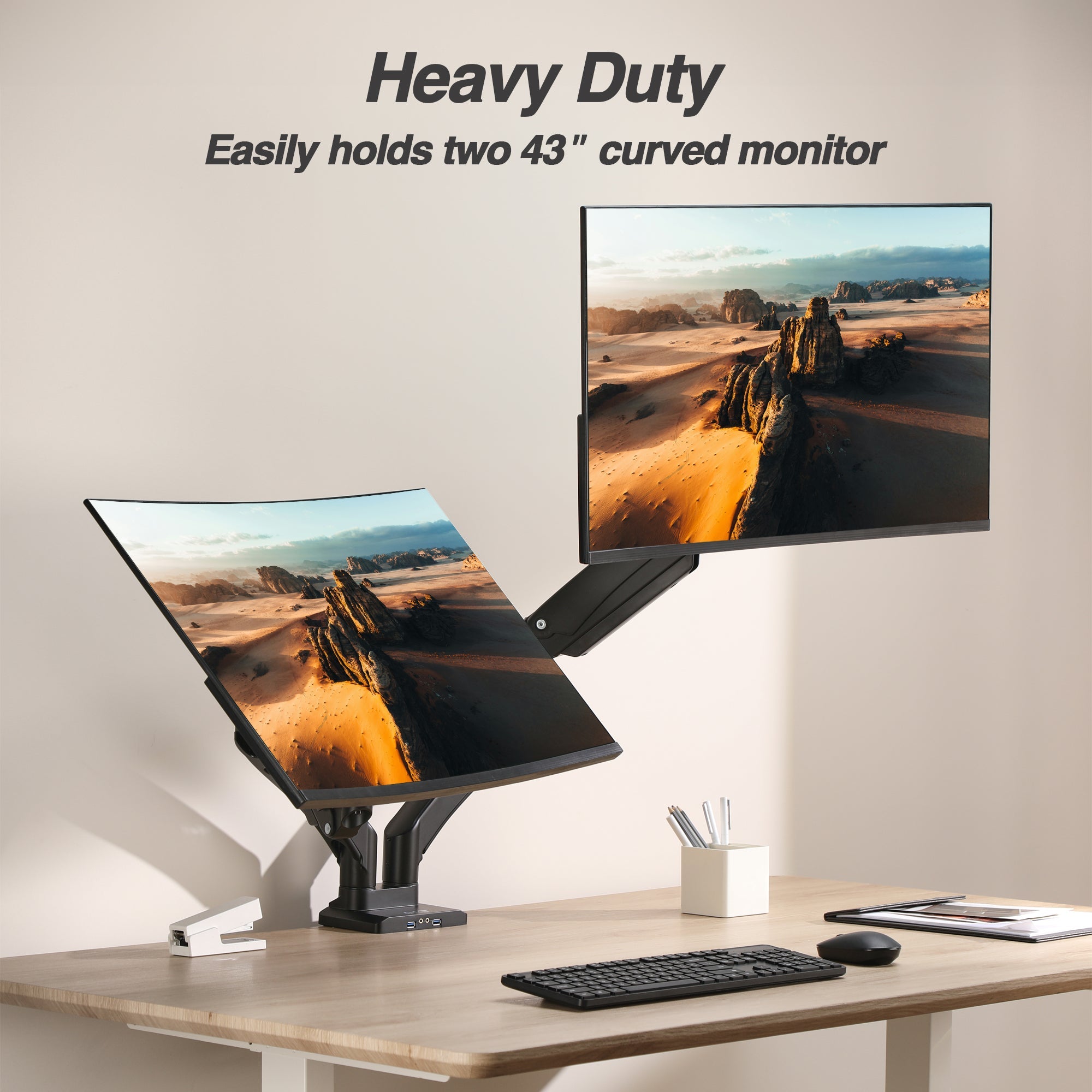 AVLT Dual 43" Heavy Duty Monitor Desk Mount With USB 3.0 & AUX Ports - Black