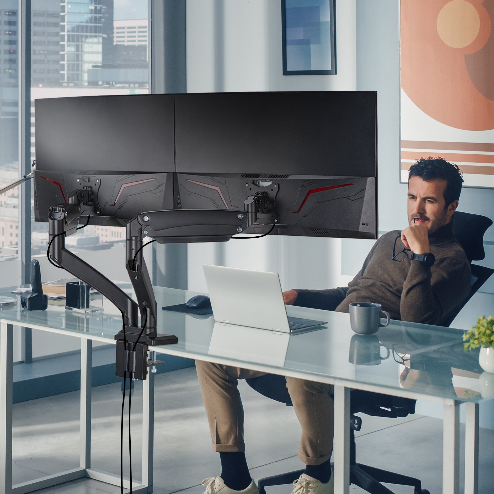 AVLT Dual 43" Heavy Duty Monitor Desk Mount With USB 3.0 & AUX Ports - Black