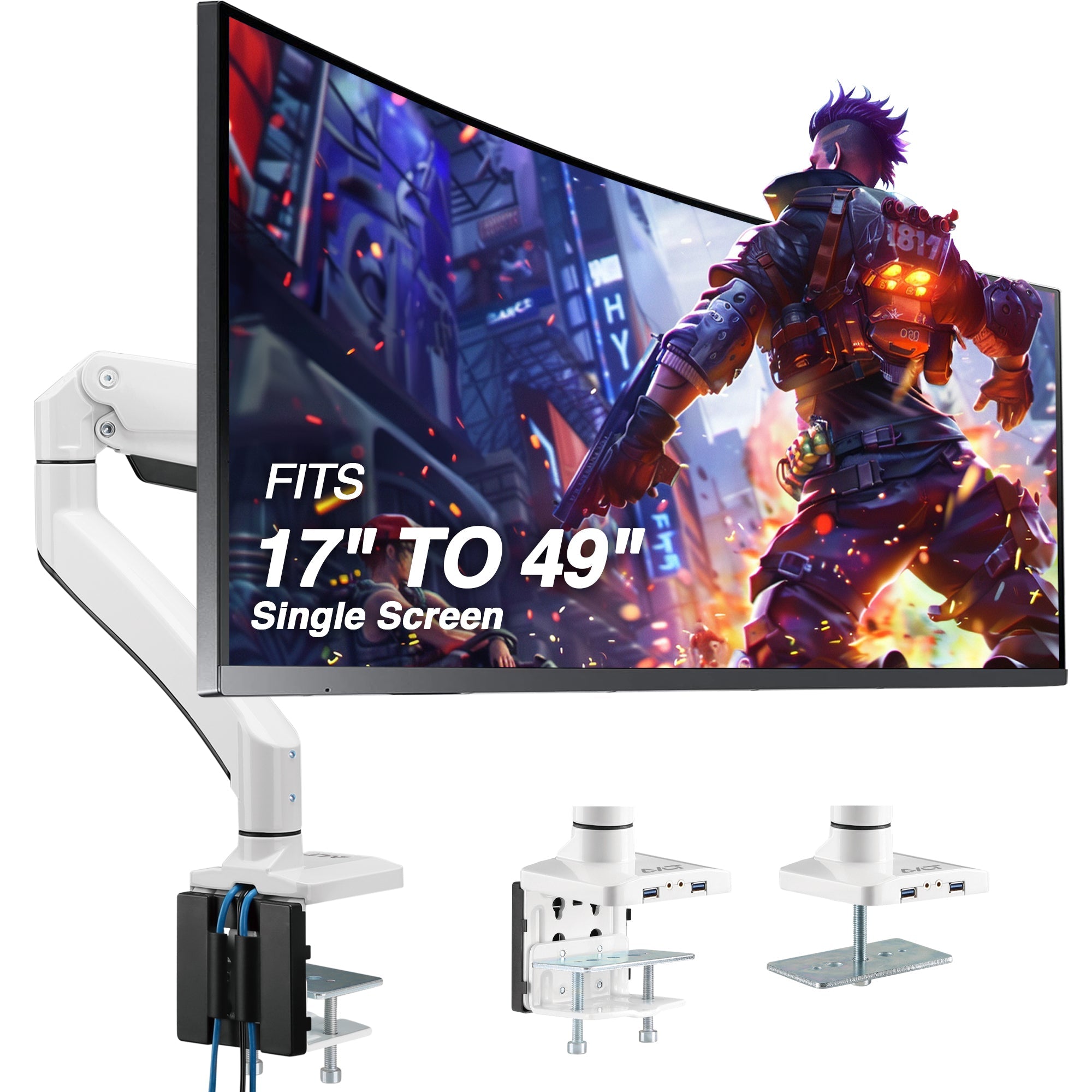 AVLT Single 50 lbs Heavy Duty Monitor Desk Desk Mount With USB 3.0 & AUX Ports - White
