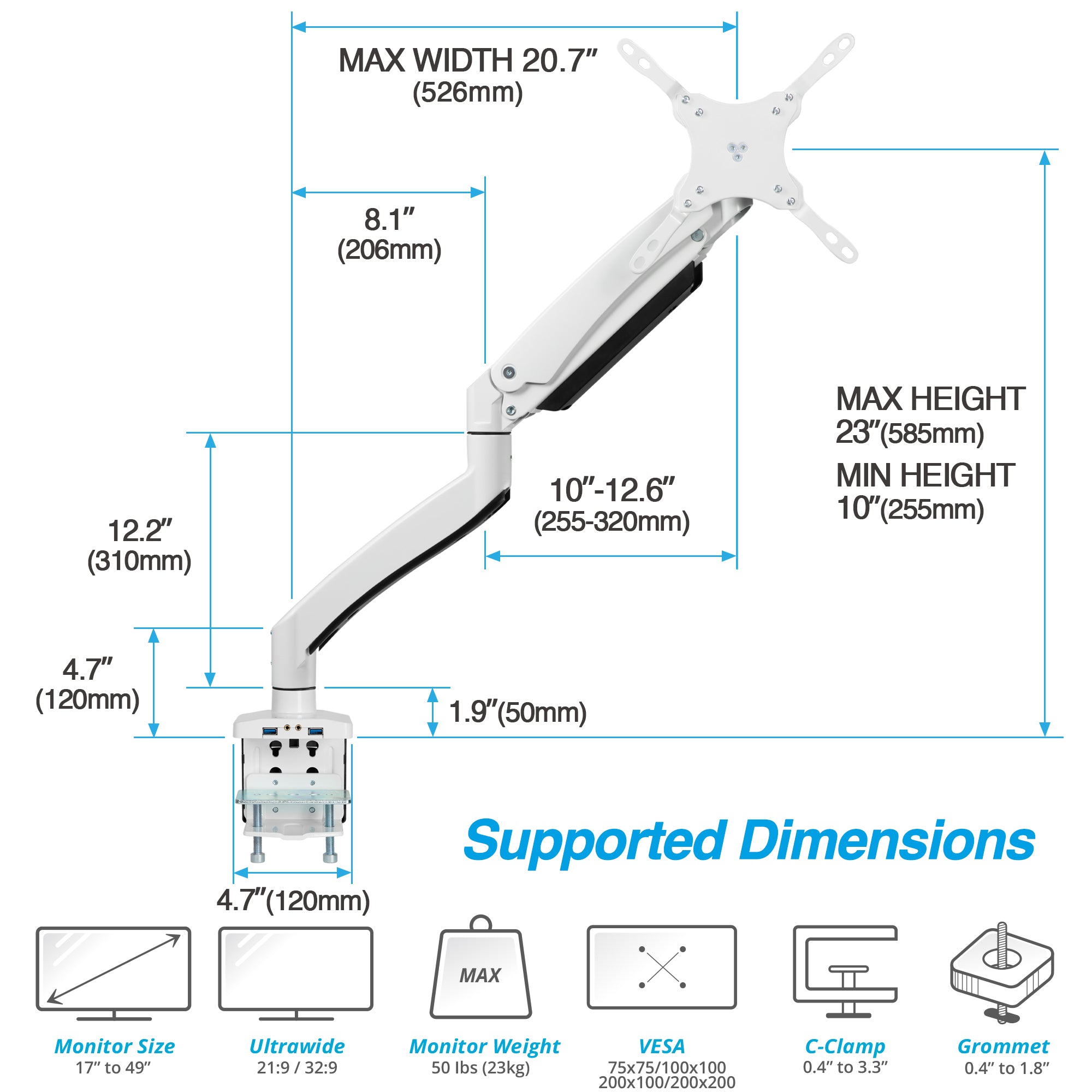 AVLT Single 50 lbs Heavy Duty Monitor Desk Desk Mount With USB 3.0 & AUX Ports - White