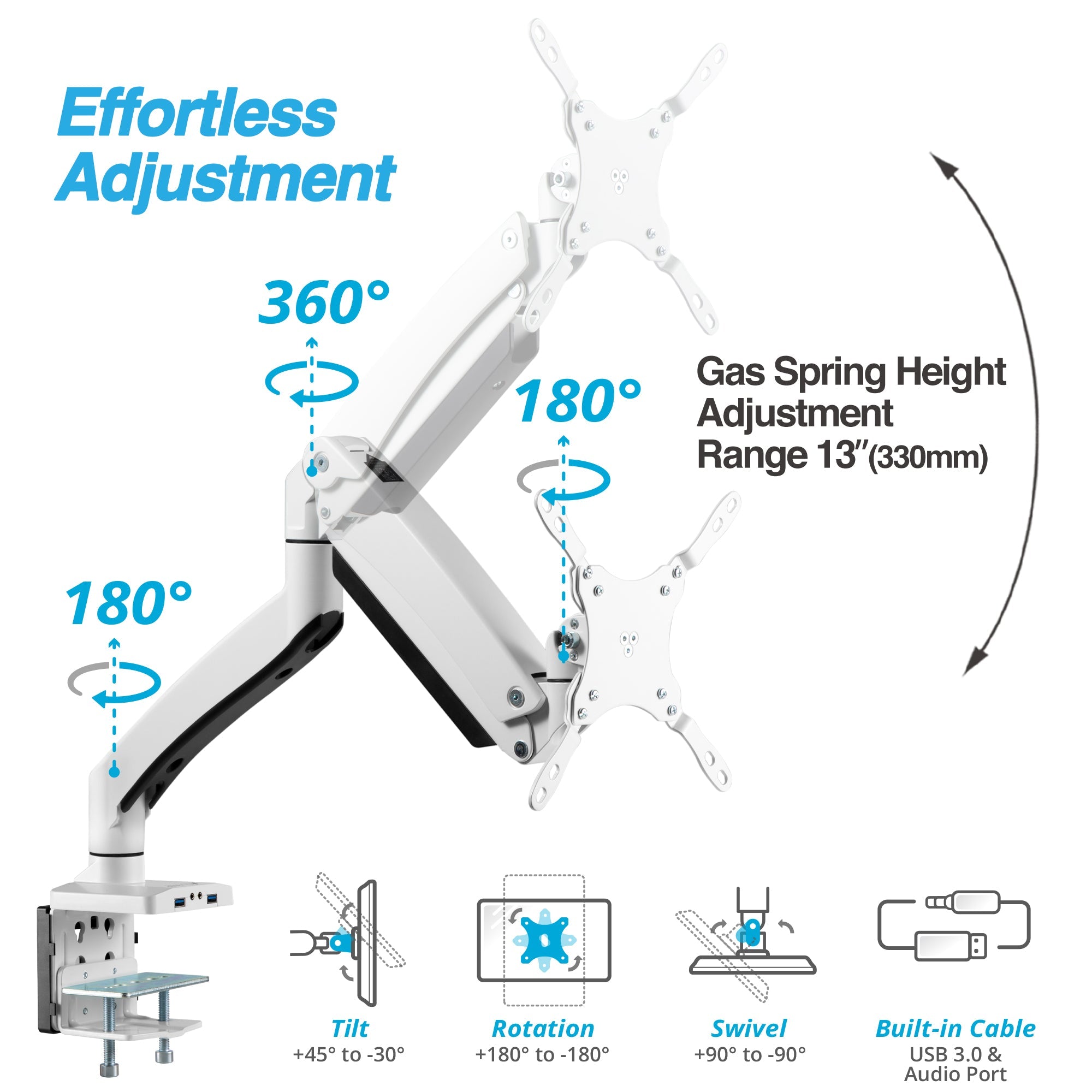 AVLT Single 50 lbs Heavy Duty Monitor Desk Desk Mount With USB 3.0 & AUX Ports - White