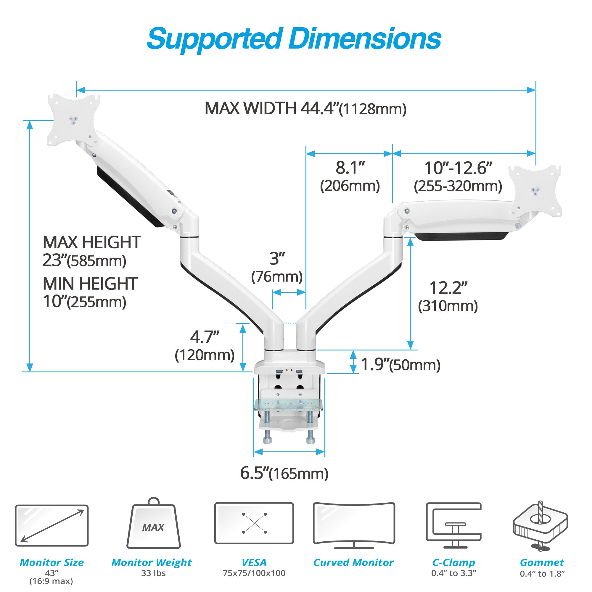 AVLT Dual 43" Heavy Duty Monitor Desk Mount With USB 3.0 & AUX Ports - White
