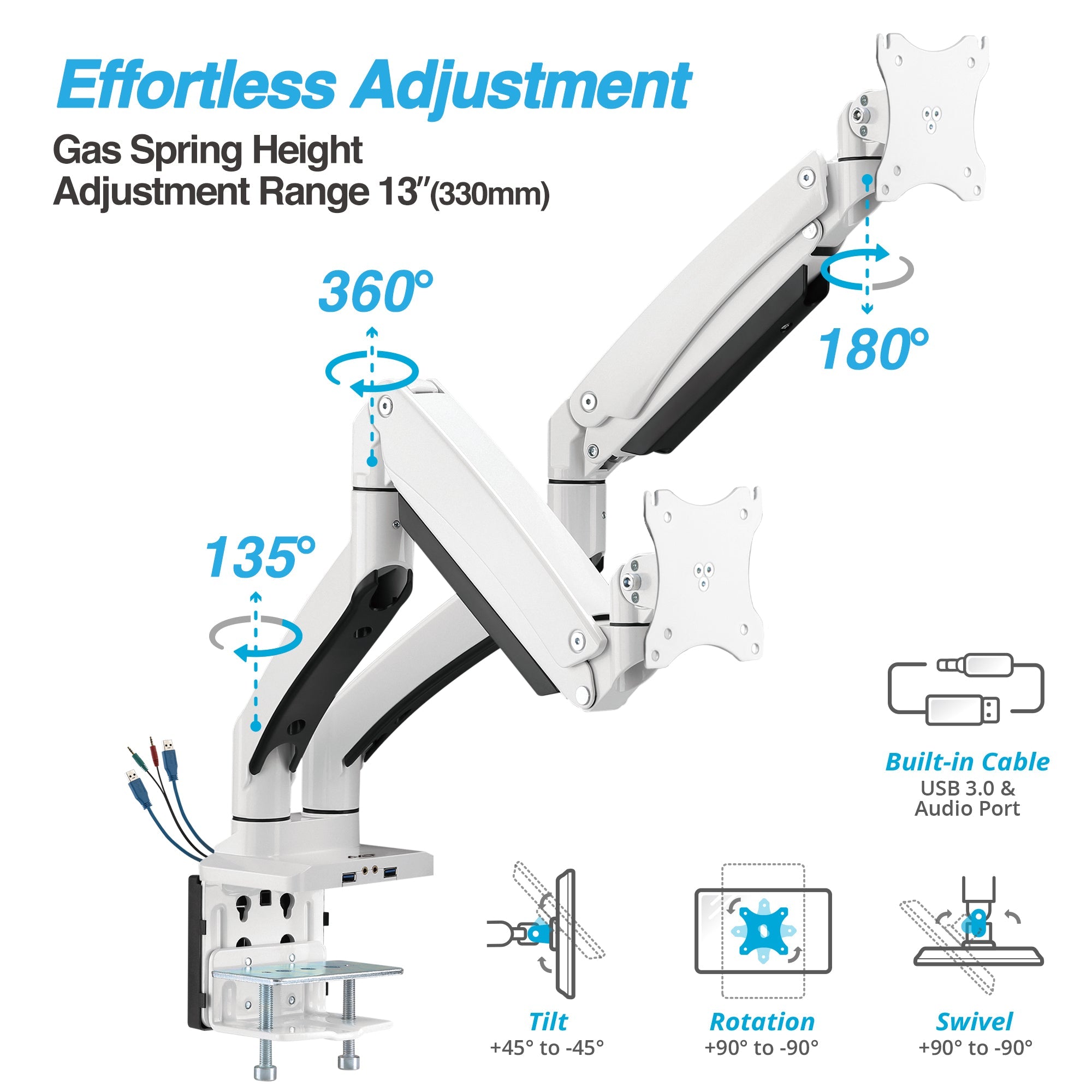 AVLT Dual 43" Heavy Duty Monitor Desk Mount With USB 3.0 & AUX Ports - White