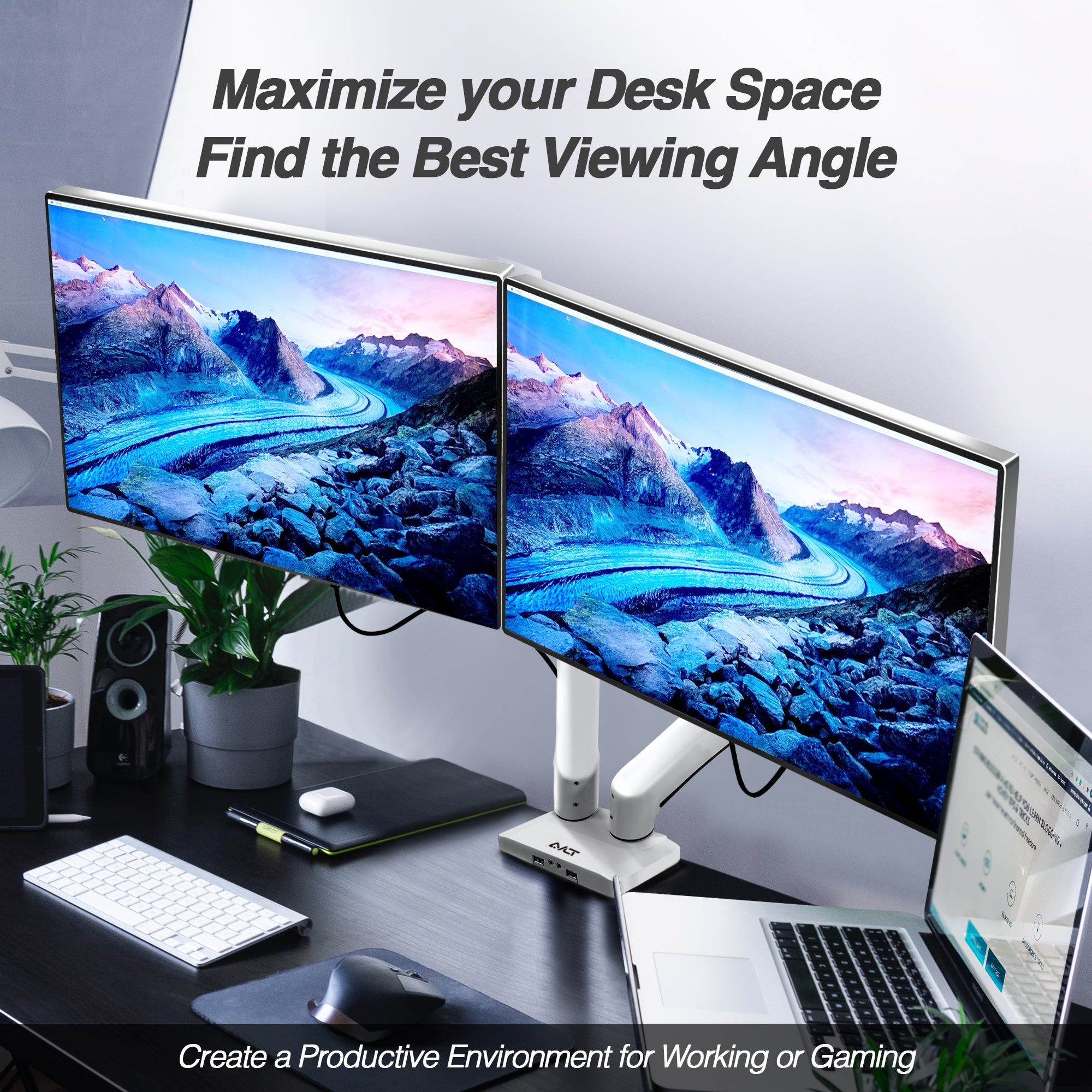 AVLT Dual 43" Heavy Duty Monitor Desk Mount With USB 3.0 & AUX Ports - White