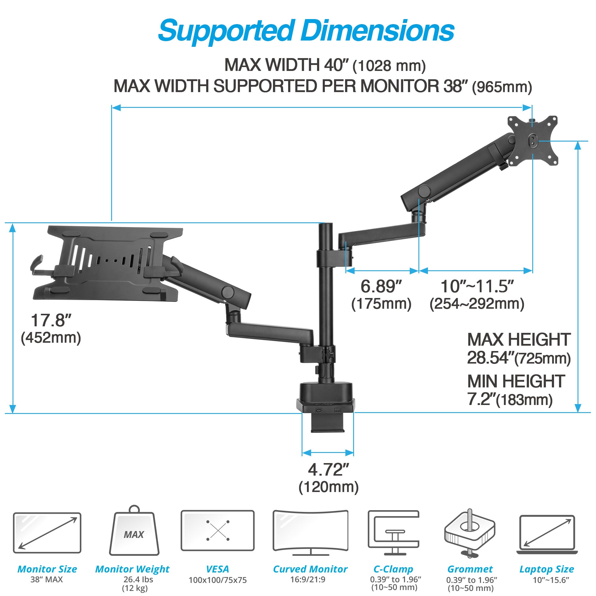 AVLT Laptop & 38 Inch Monitor Arm - Black