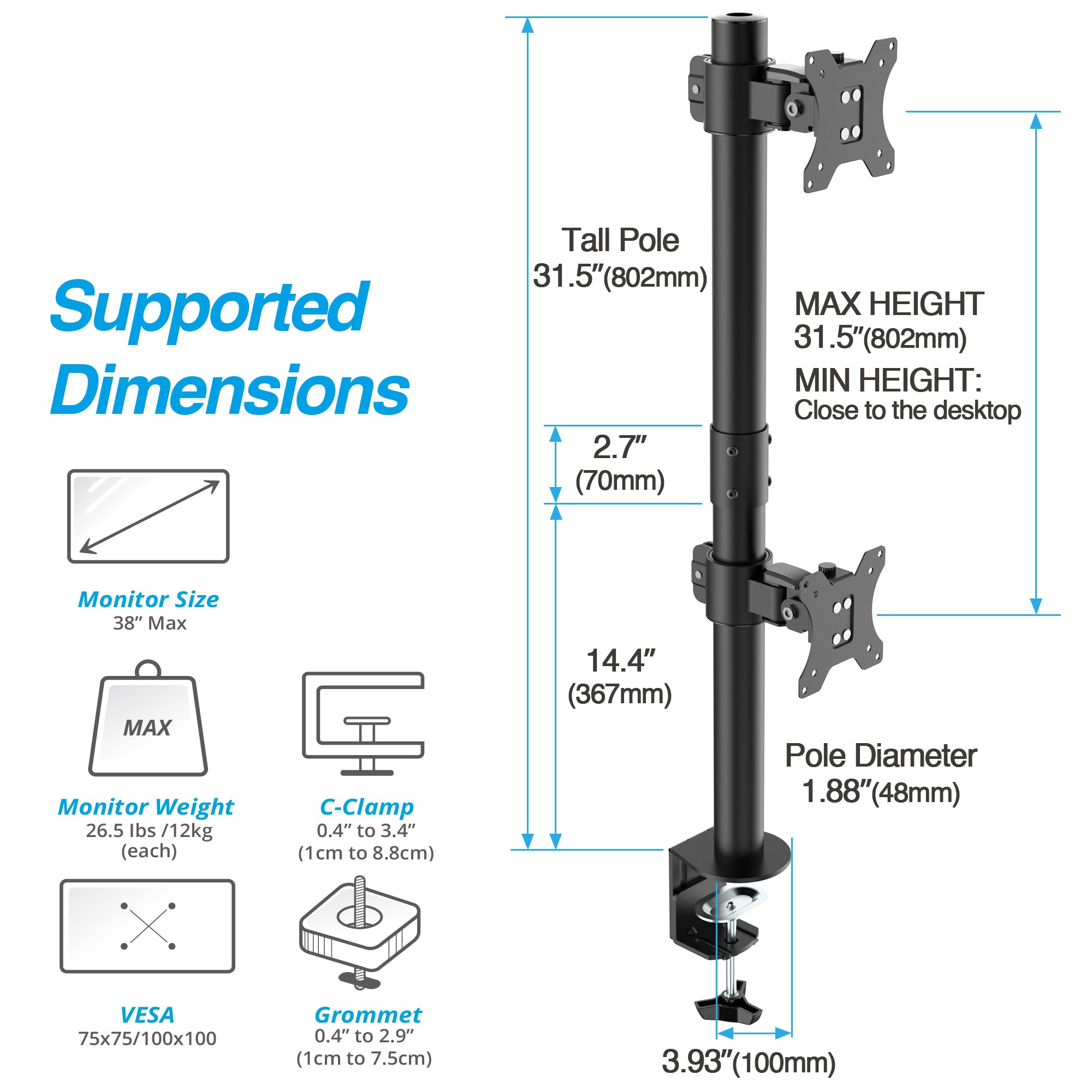 AVLT Dual 38 Inch Stacking Monitor Pole Mount - Black
