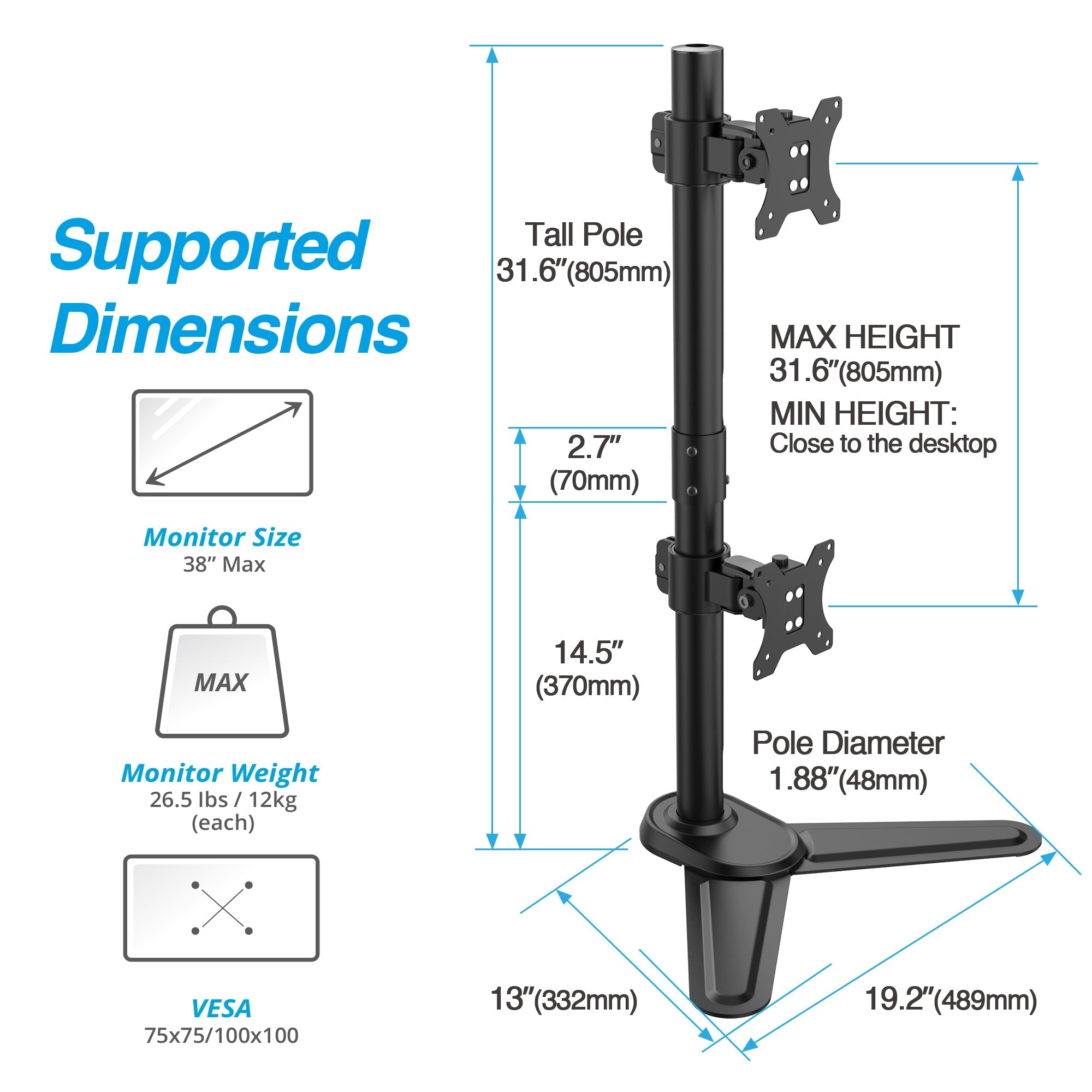 AVLT Dual 38" Vertical Monitor Mount Freestanding Strong Pole - Black