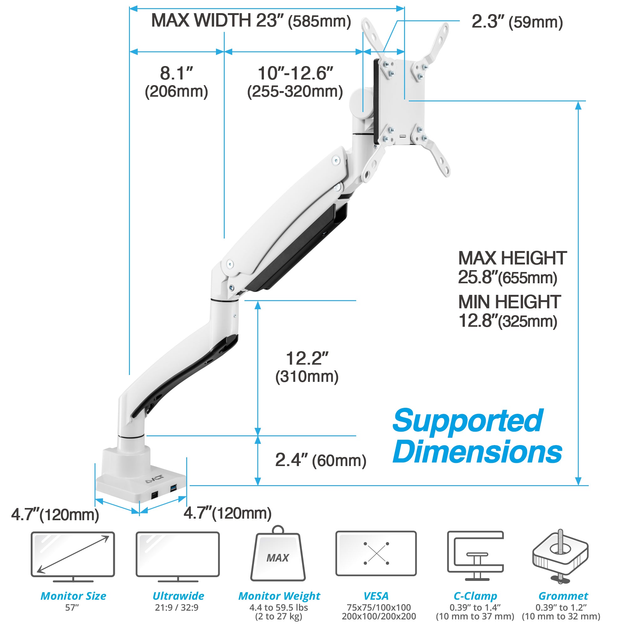 AVLT Single 57-inch Heavy Duty Monitor Arm Top Mount With USB-C USB-A Ports - White