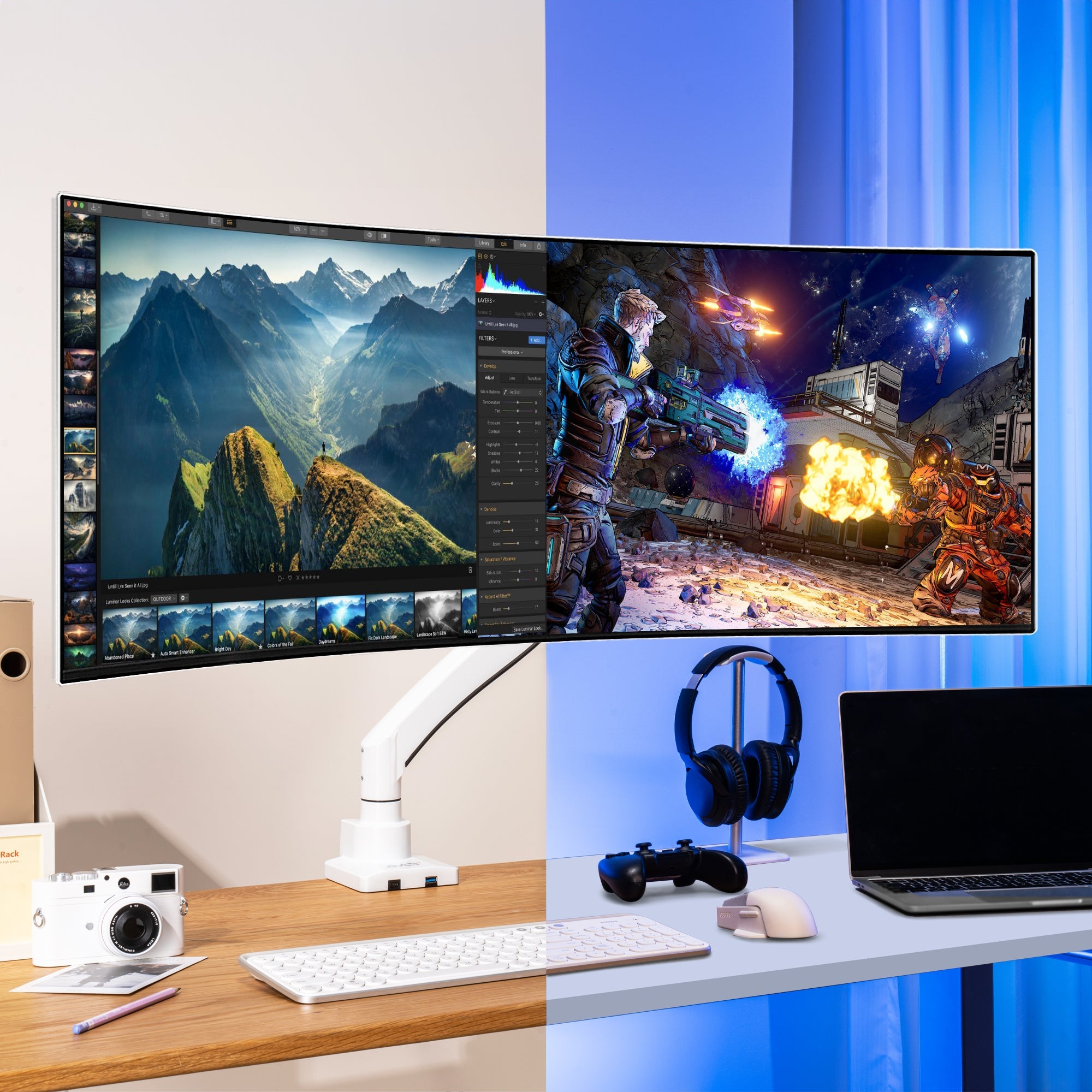 AVLT Single 57-inch Heavy Duty Monitor Arm Top Mount With USB-C USB-A Ports - White