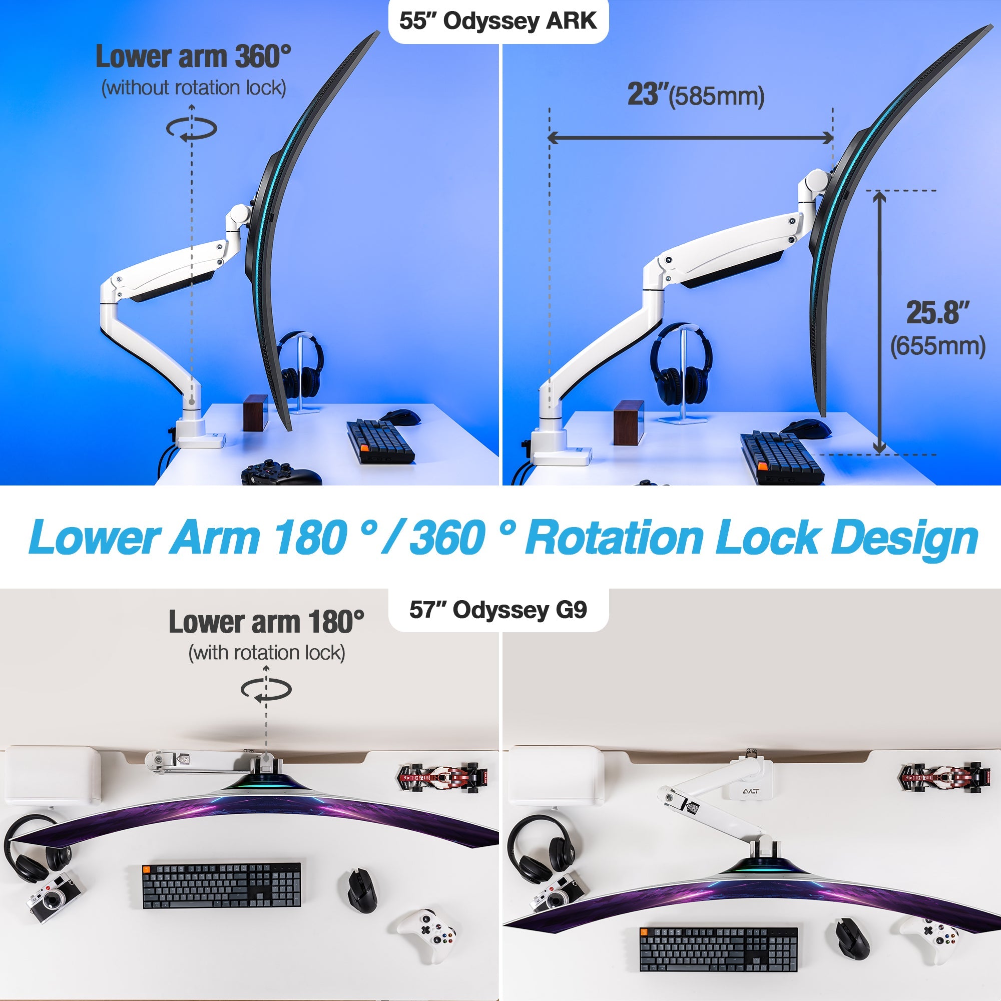 AVLT Single 57-inch Heavy Duty Monitor Arm Top Mount With USB-C USB-A Ports - White