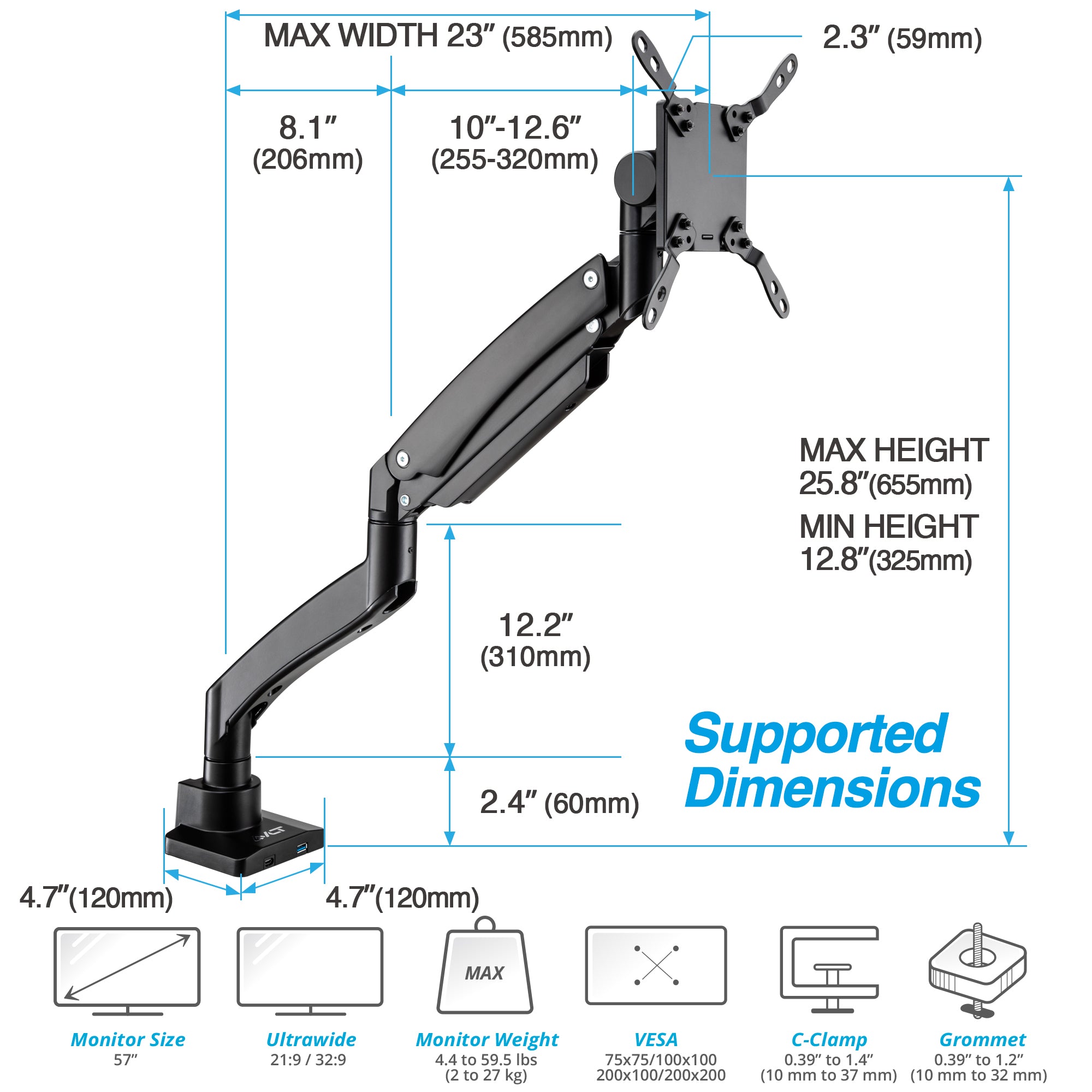 AVLT Single 57-inch Heavy Duty Monitor Arm Top Mount With USB-C USB-A Ports - Black
