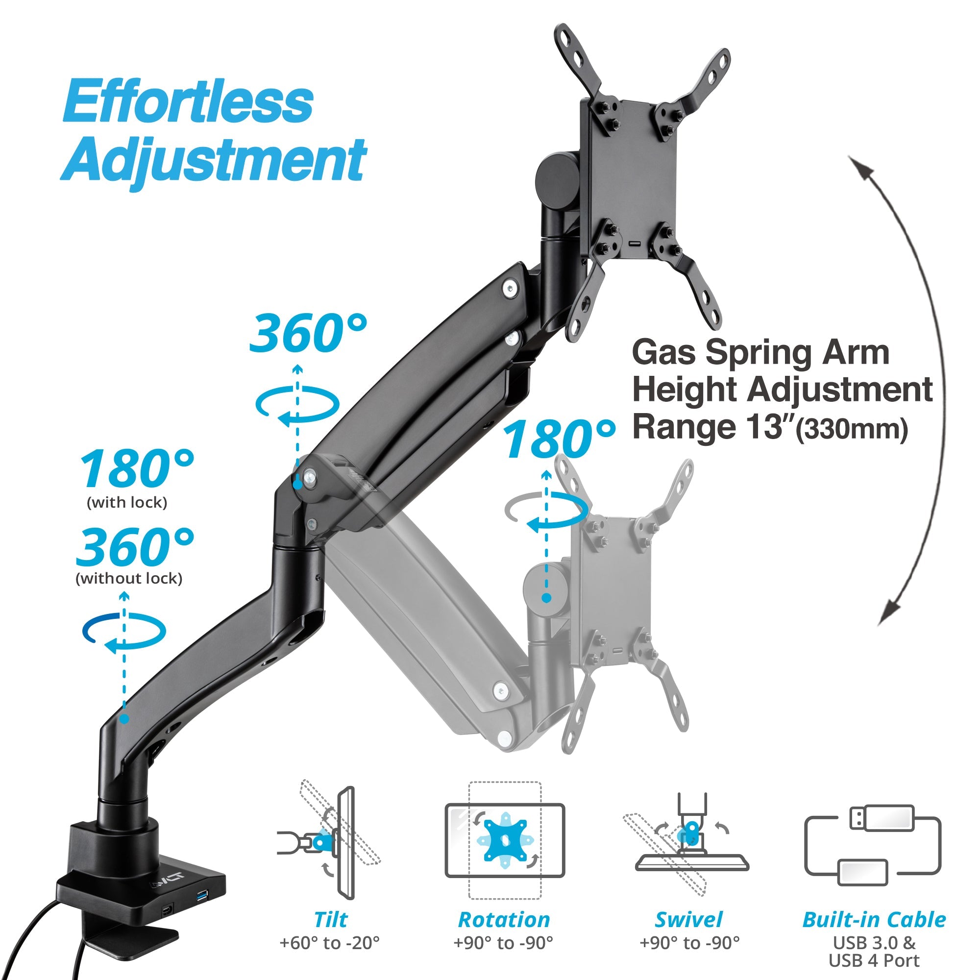 AVLT Single 57-inch Heavy Duty Monitor Arm Top Mount With USB-C USB-A Ports - Black