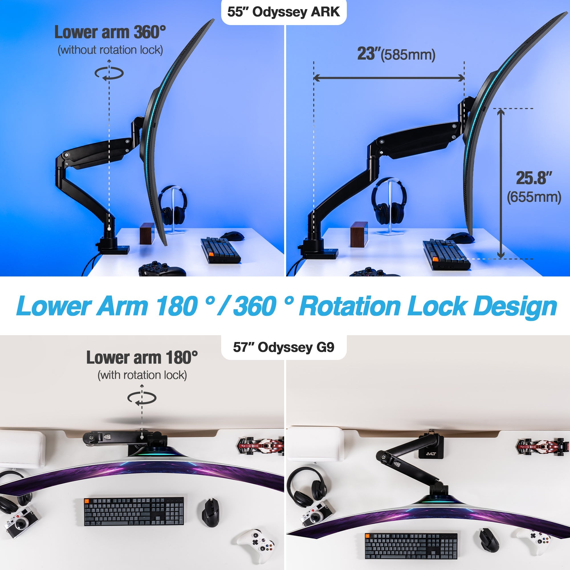AVLT Single 57-inch Heavy Duty Monitor Arm Top Mount With USB-C USB-A Ports - Black