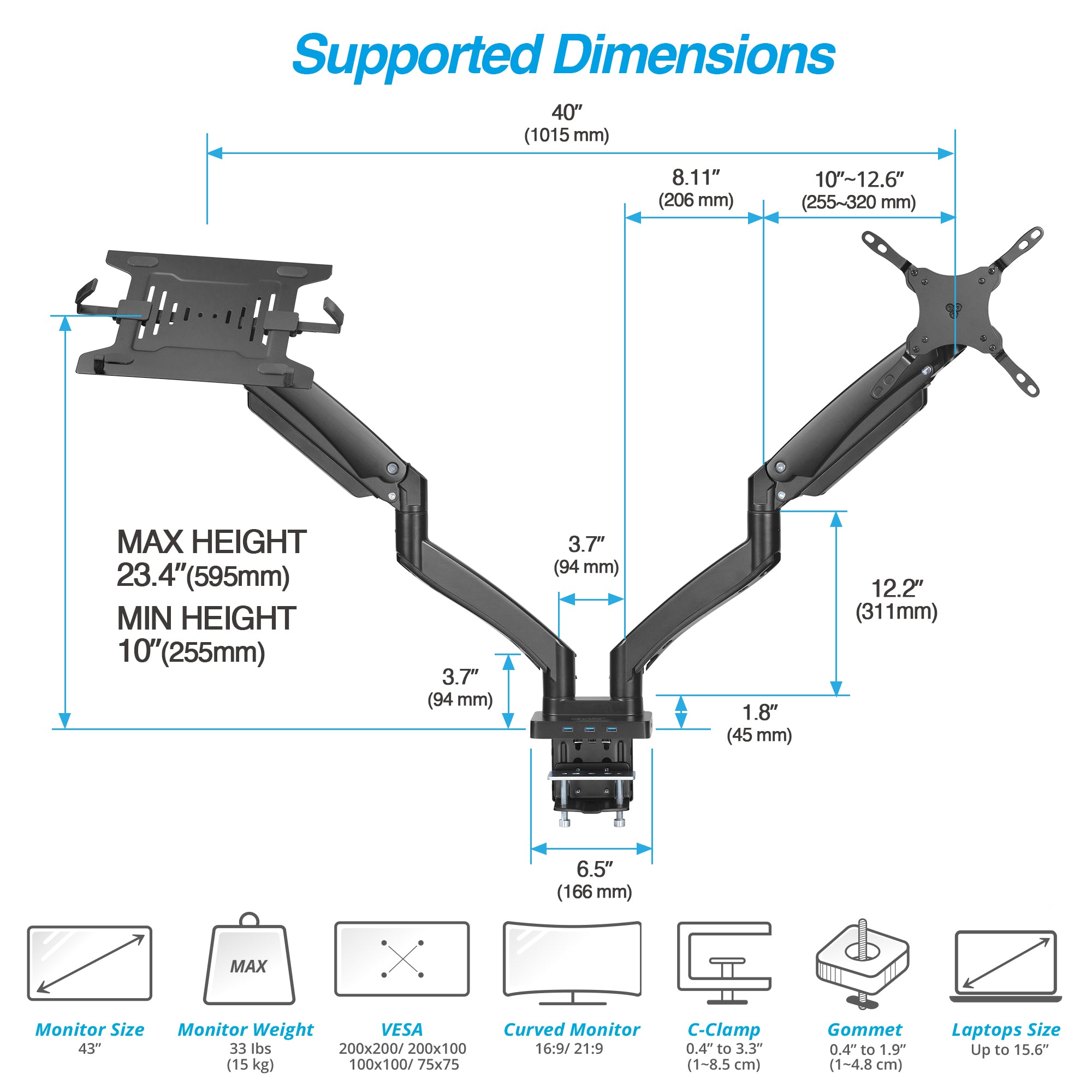 AVLT Laptop & Monitor Desk Mount USB-C Dual Mount Dock - Black