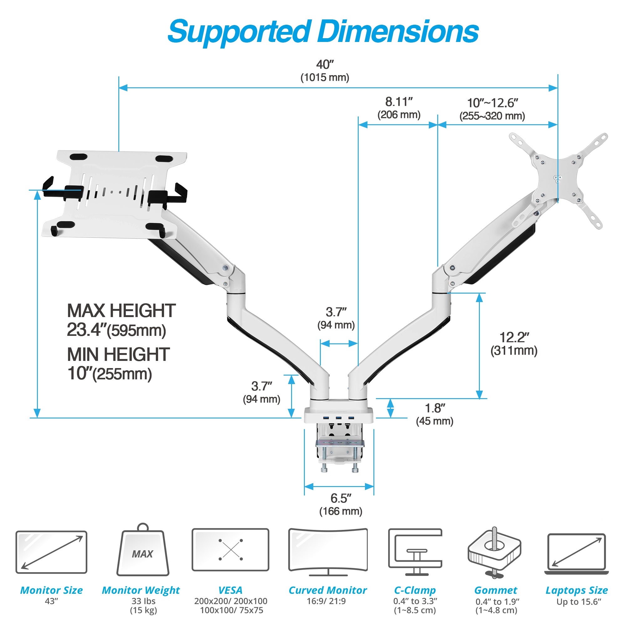 AVLT Laptop & Monitor Desk Mount USB-C Dual Mount Dock - White
