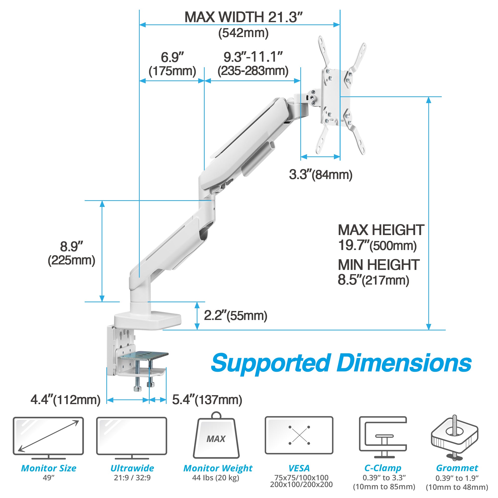 AVLT RGB Button Gaming Single 49-inch Monitor Arm - White